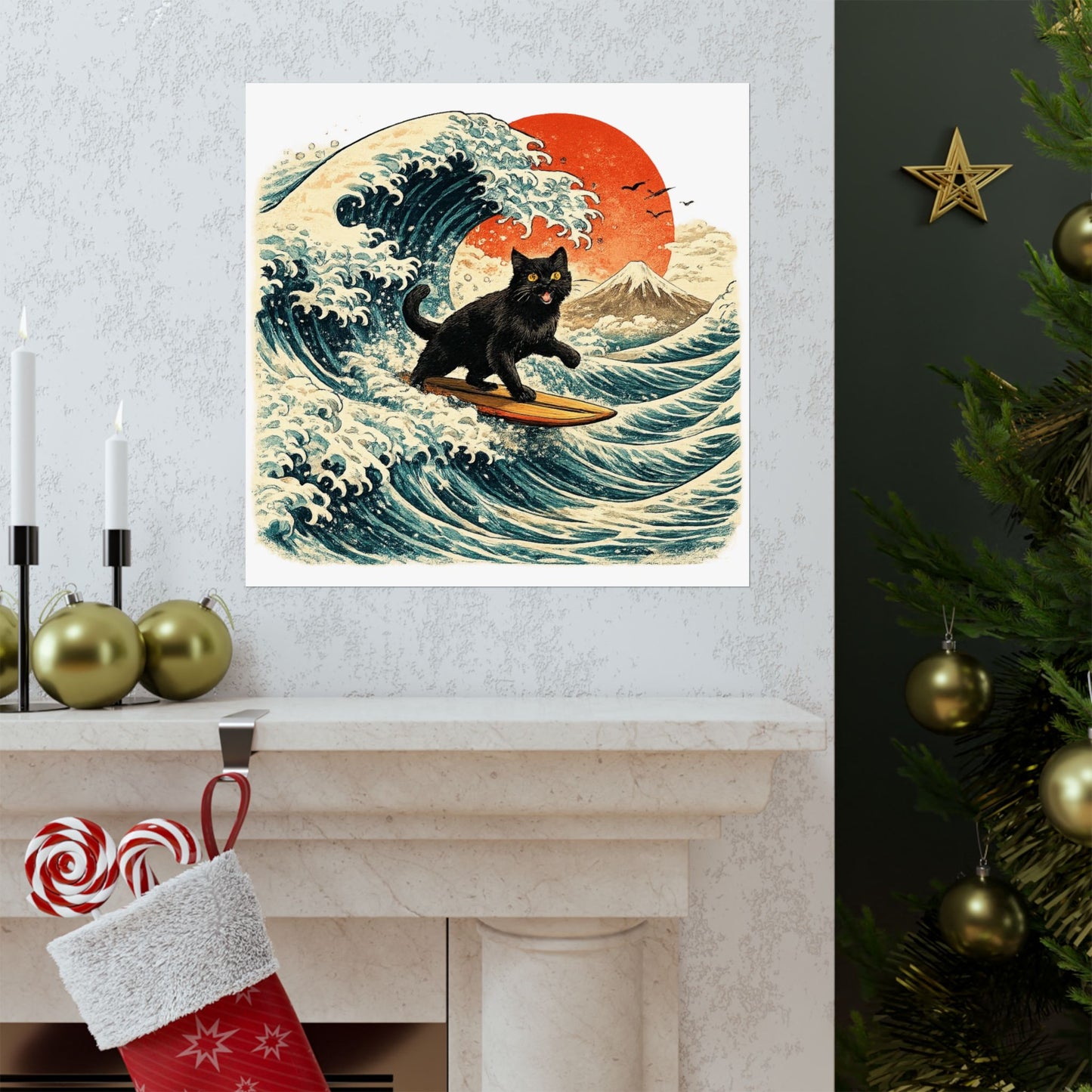 Surfing Black Cat Poster — Vintage Japanese Wave Art Print