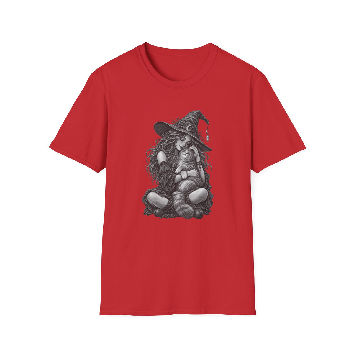 Witch and Cat Graphic T-Shirt — Cozy Gothic Halloween Tee