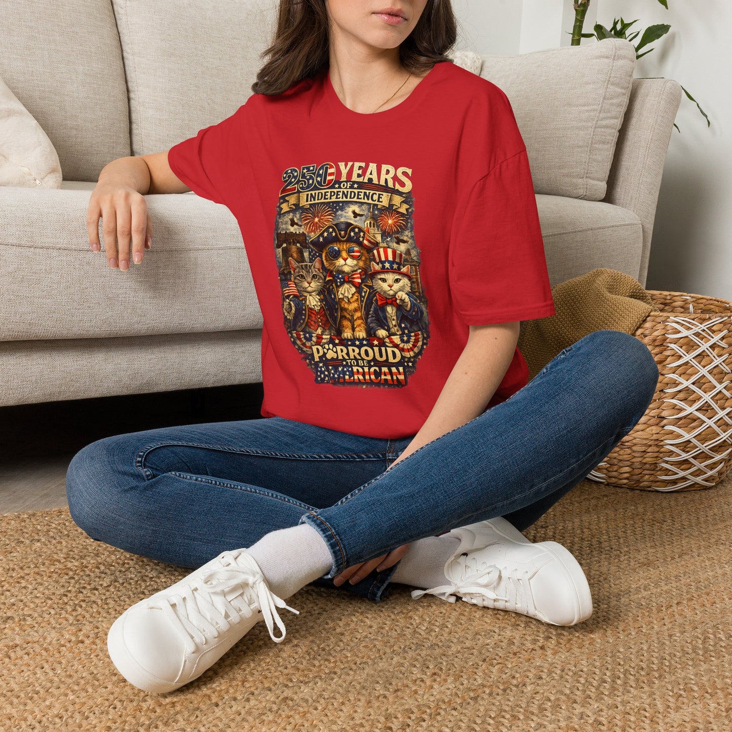 T-Shirt — "250 Years of Independence" Patriotic Cat Fourth of July Tee