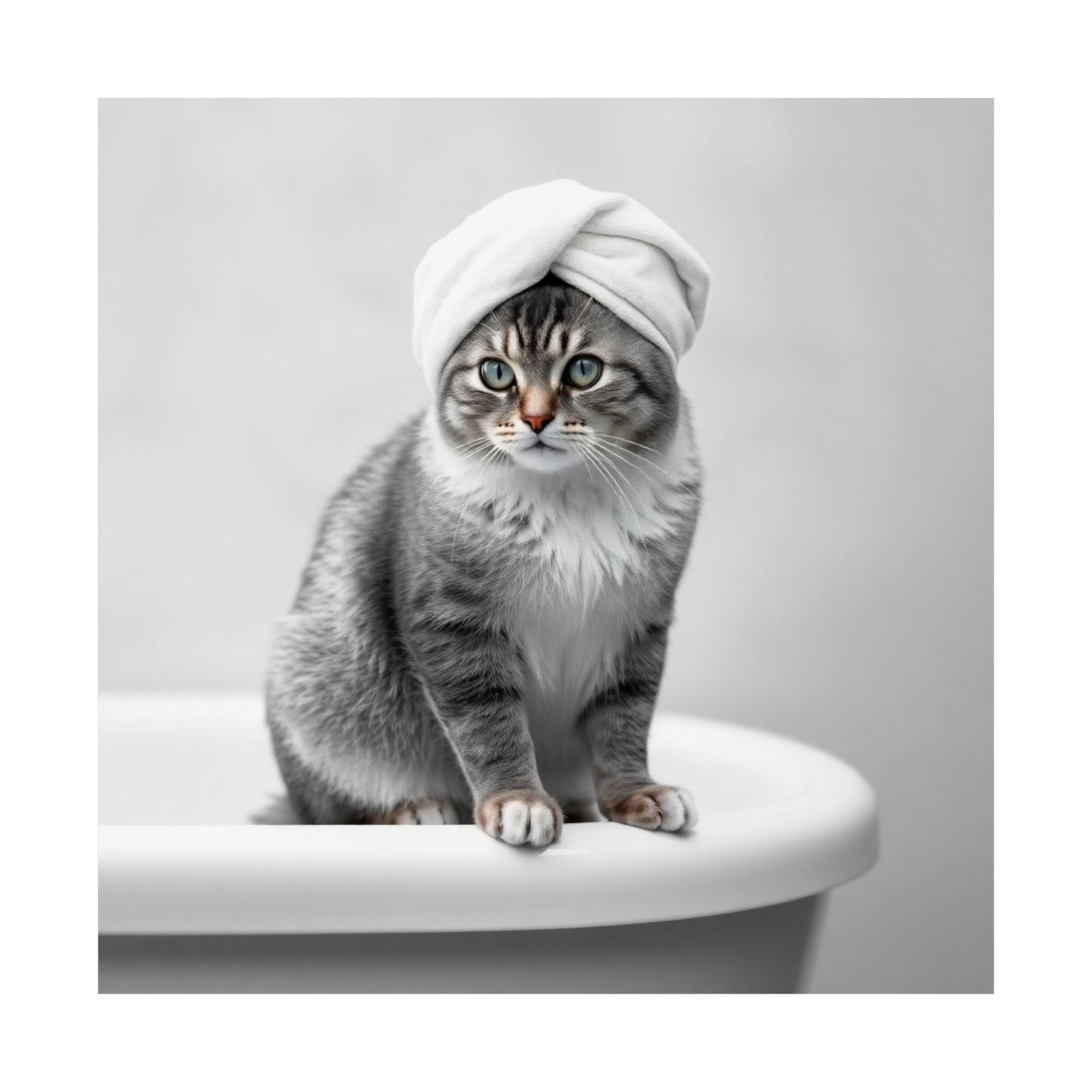 Digital download Cat Spa Poster — Cute Grey Cat with Towel on Bathtub Matte Vertical Art Print