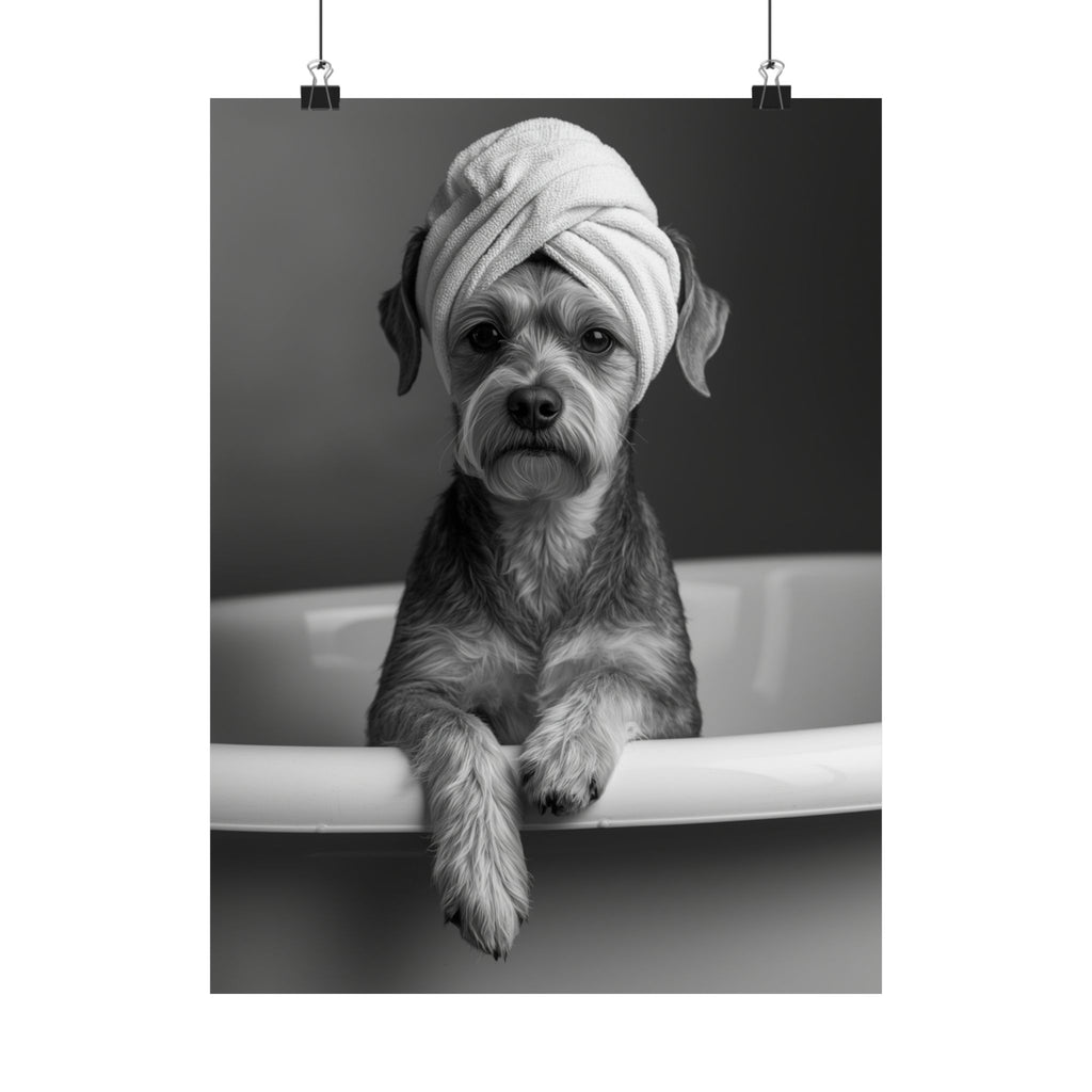 Spa Pup Matte Vertical Poster — Black & White Dog in Bathtub Print