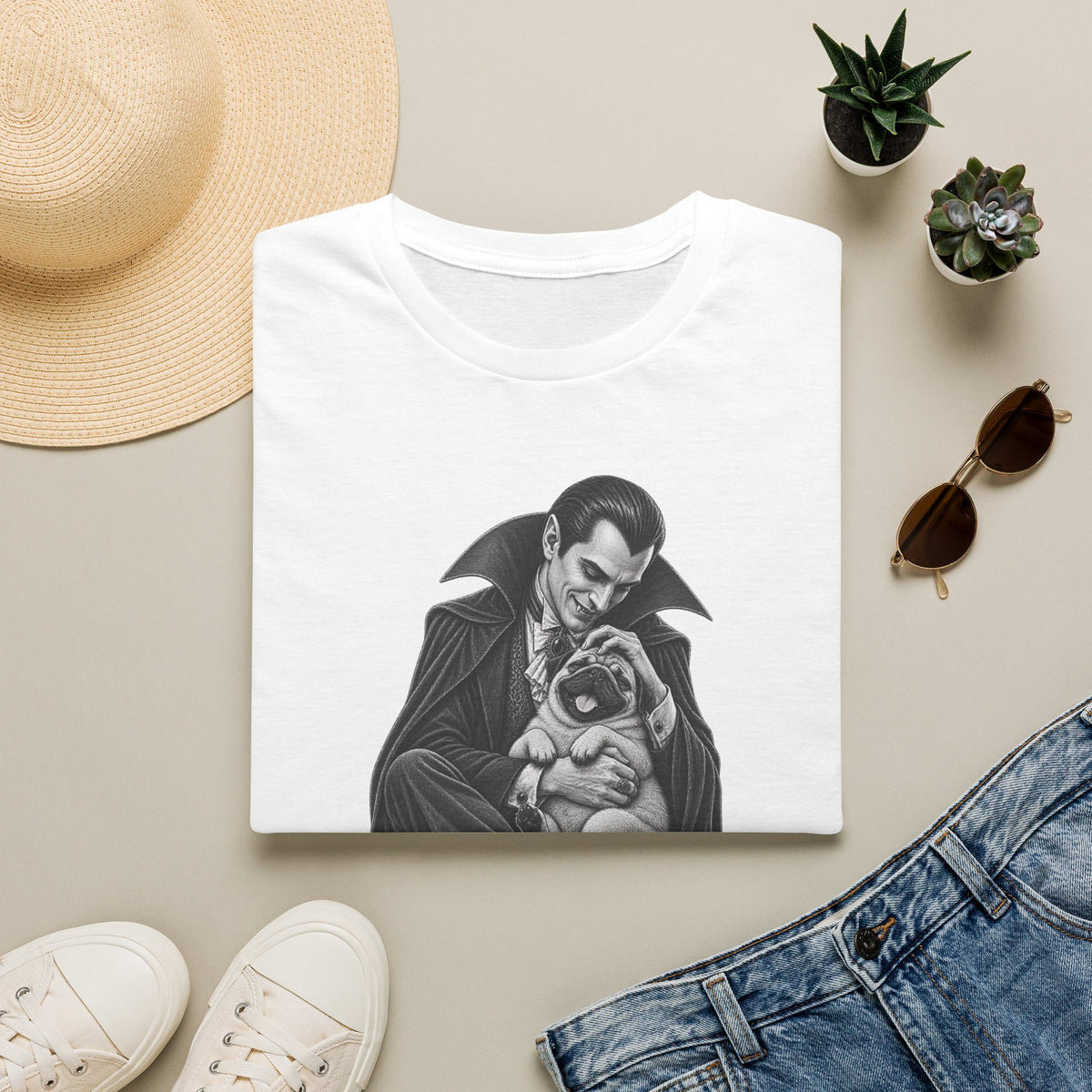 Vampire Holding Pug T‑Shirt — Gothic Cute Dog Tee