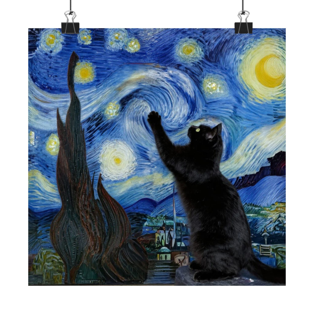 Starry Night Cat Matte Poster — Black Cat Wall Art, Van Gogh Style Night Sky Print