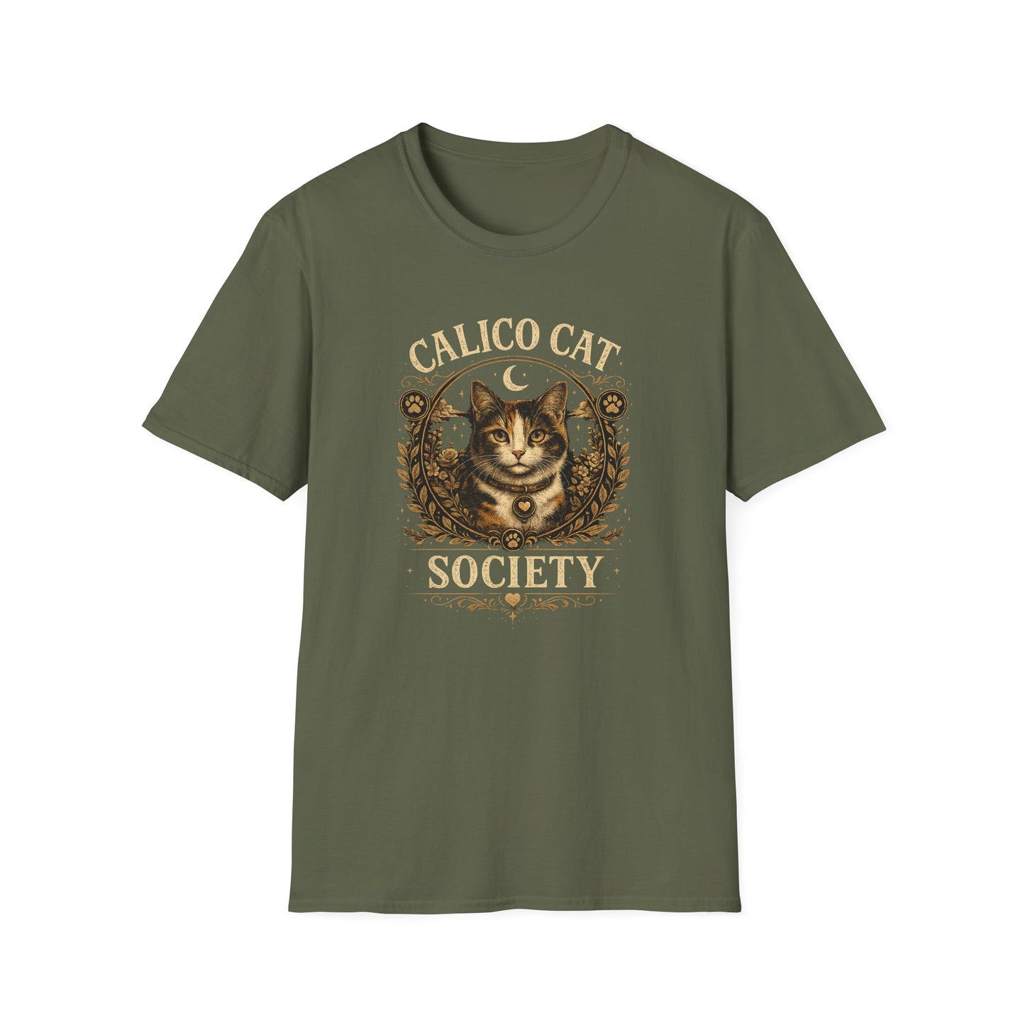Calico Cat Society T-Shirt — Vintage Moon & Floral Cat Graphic