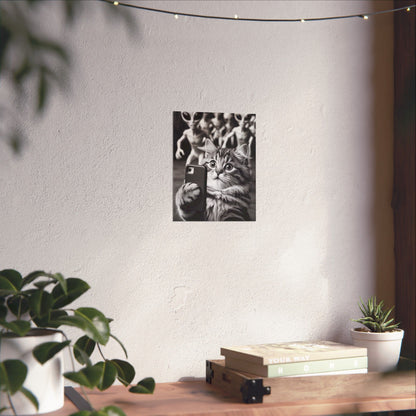 Funny Cat Selfie Poster — Matte Vertical Wall Art with Alien Photobomb