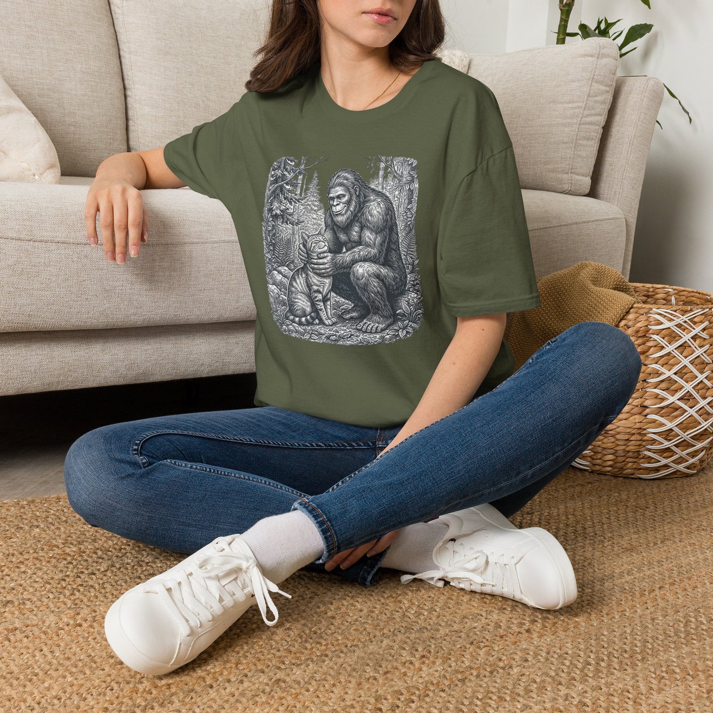 Bigfoot & Cat T-Shirt — Vintage Sasquatch Forest Illustration