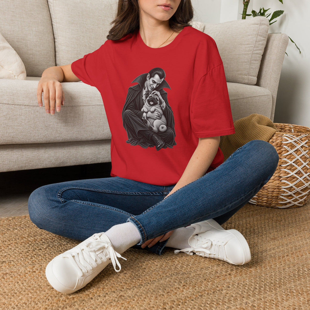 Vampire Holding Pug T‑Shirt — Gothic Cute Dog Tee