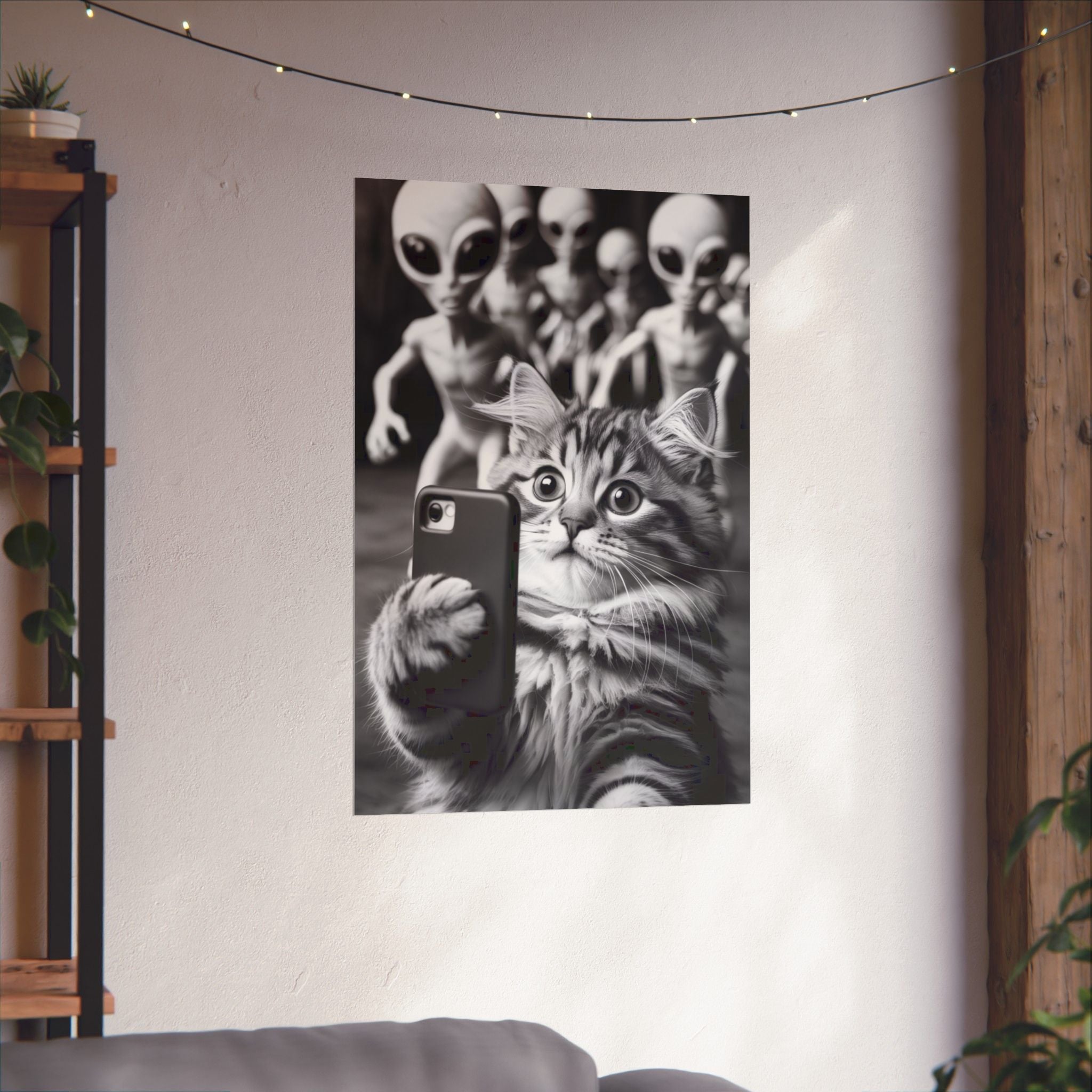 Funny Cat Selfie Poster — Matte Vertical Wall Art with Alien Photobomb