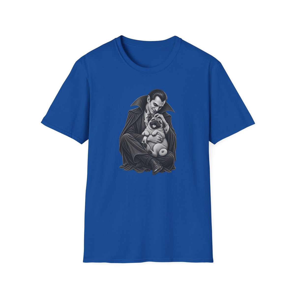 Vampire Holding Pug T‑Shirt — Gothic Cute Dog Tee