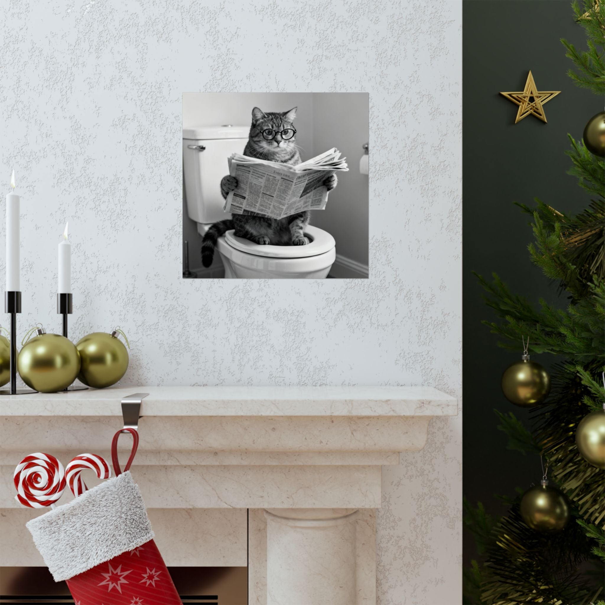 Cat Bathroom Poster – Funny Cat Reading Newspaper Wall Art, Quirky Black & White Matte Vertical Print