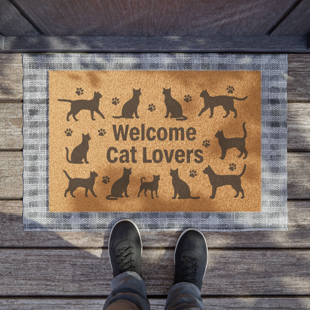 Doormat — "Welcome Cat Lovers" Outdoor Coir Mat with Cat Silhouettes
