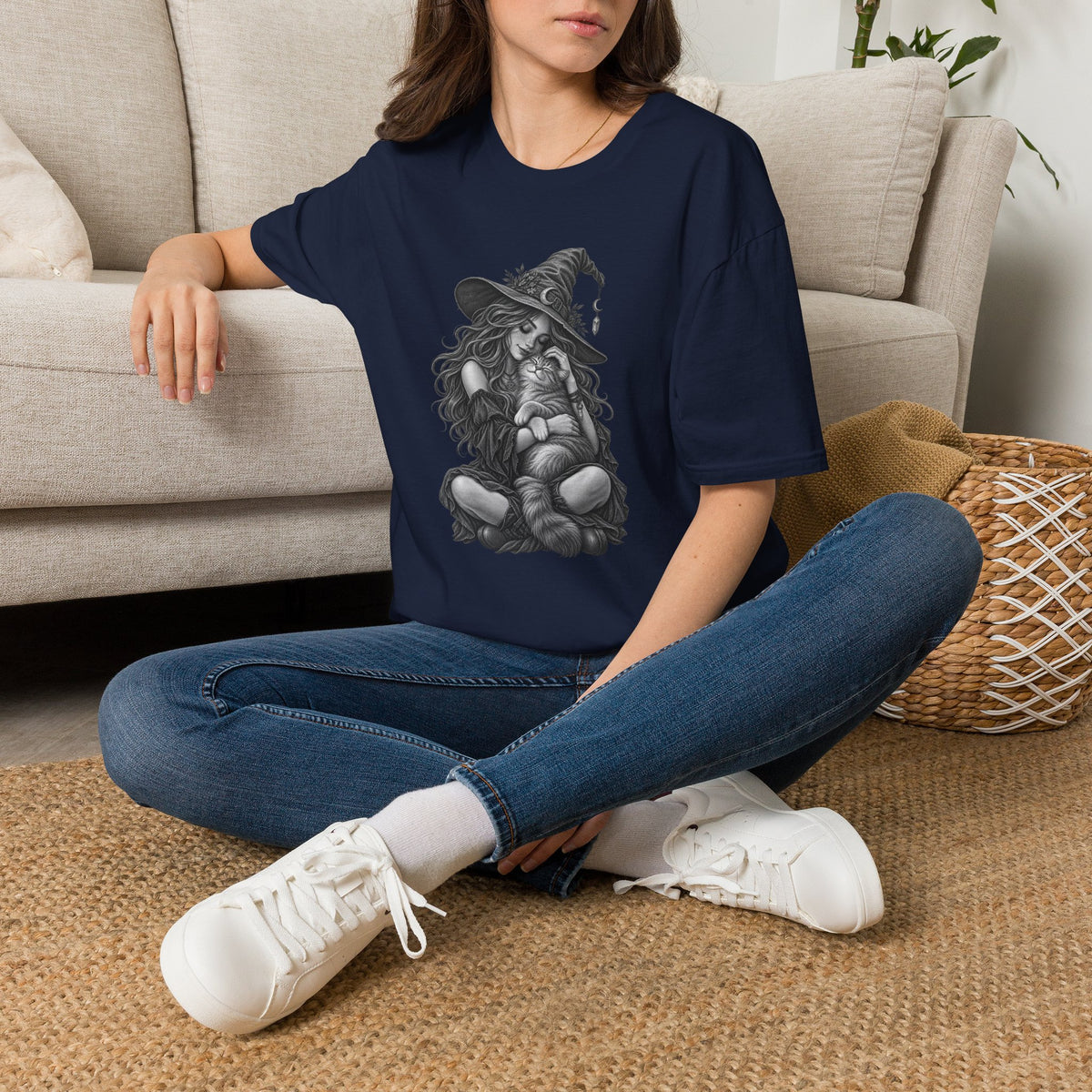 Witch and Cat Graphic T-Shirt — Cozy Gothic Halloween Tee