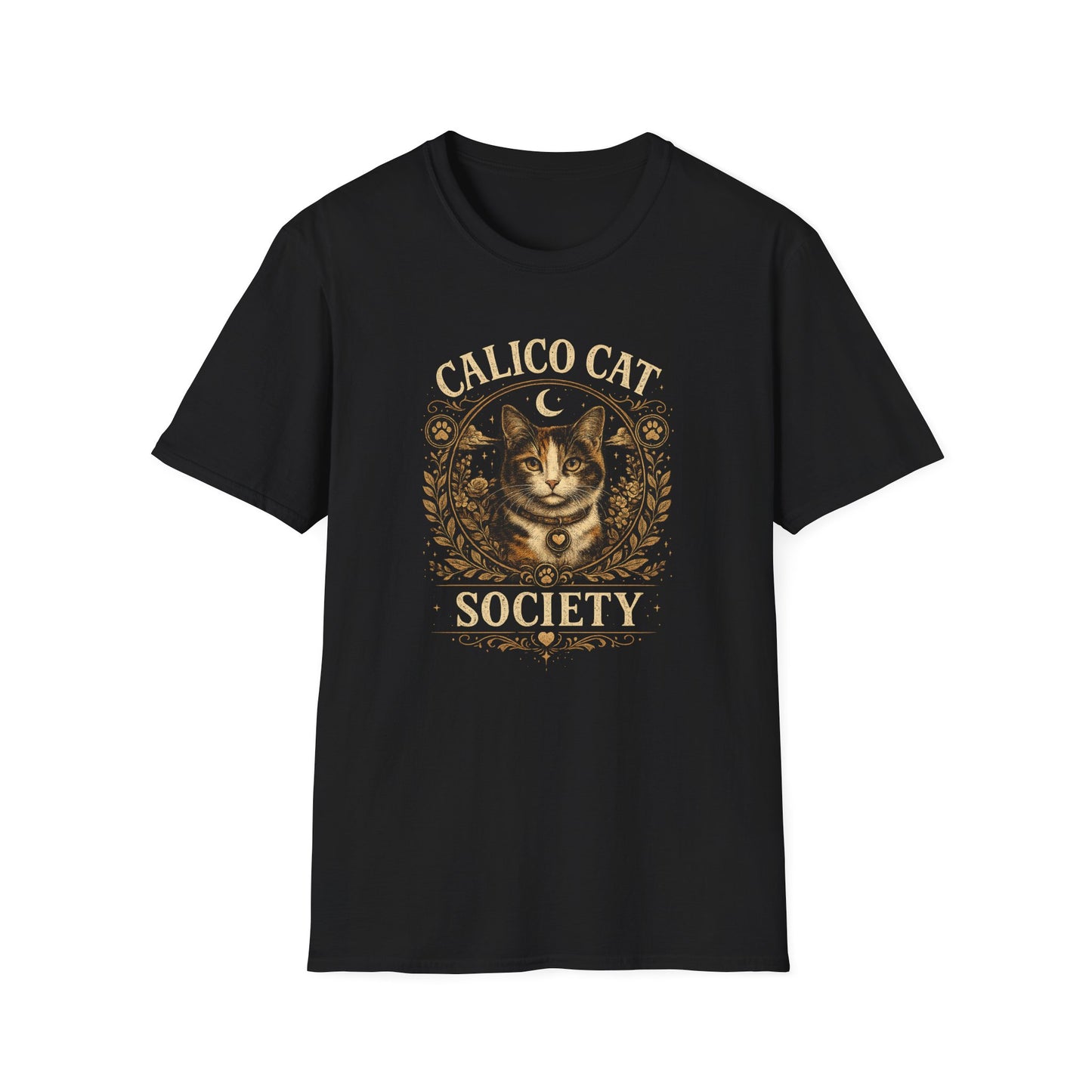 Calico Cat Society T-Shirt — Vintage Moon & Floral Cat Graphic