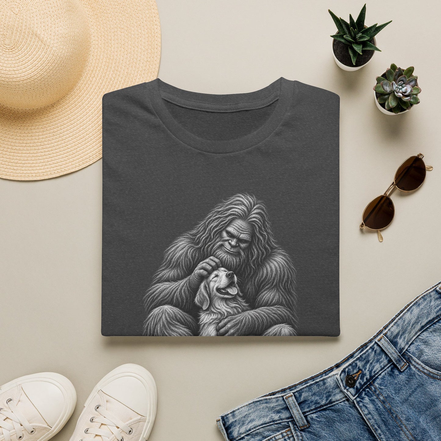Bigfoot & Puppy Tee — Gentle Sasquatch Holding Dog Graphic T-Shirt