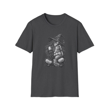 Witch and Cat Graphic T-Shirt — Cozy Gothic Halloween Tee