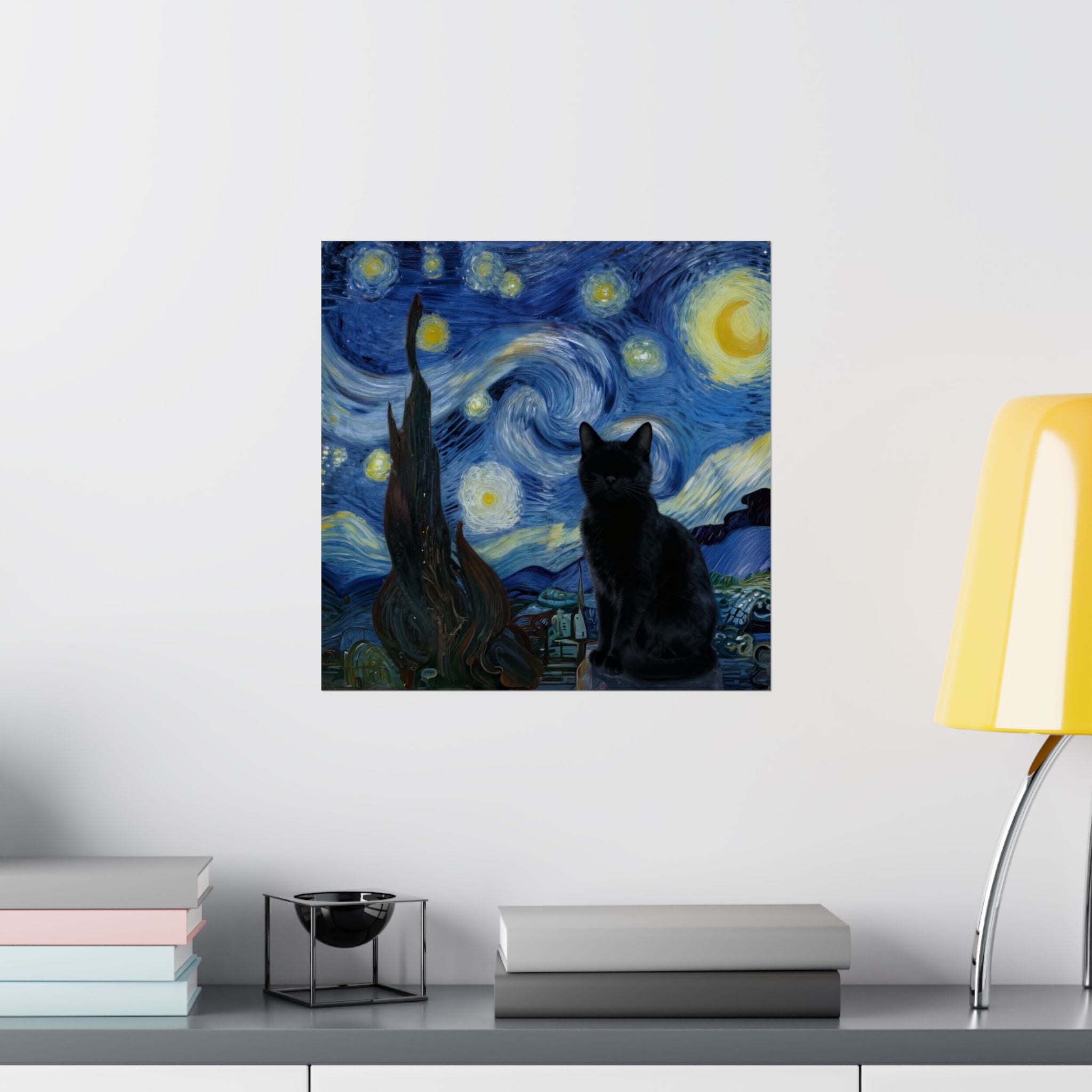 Starry Night Black Cat Poster — Matte Vertical Wall Art