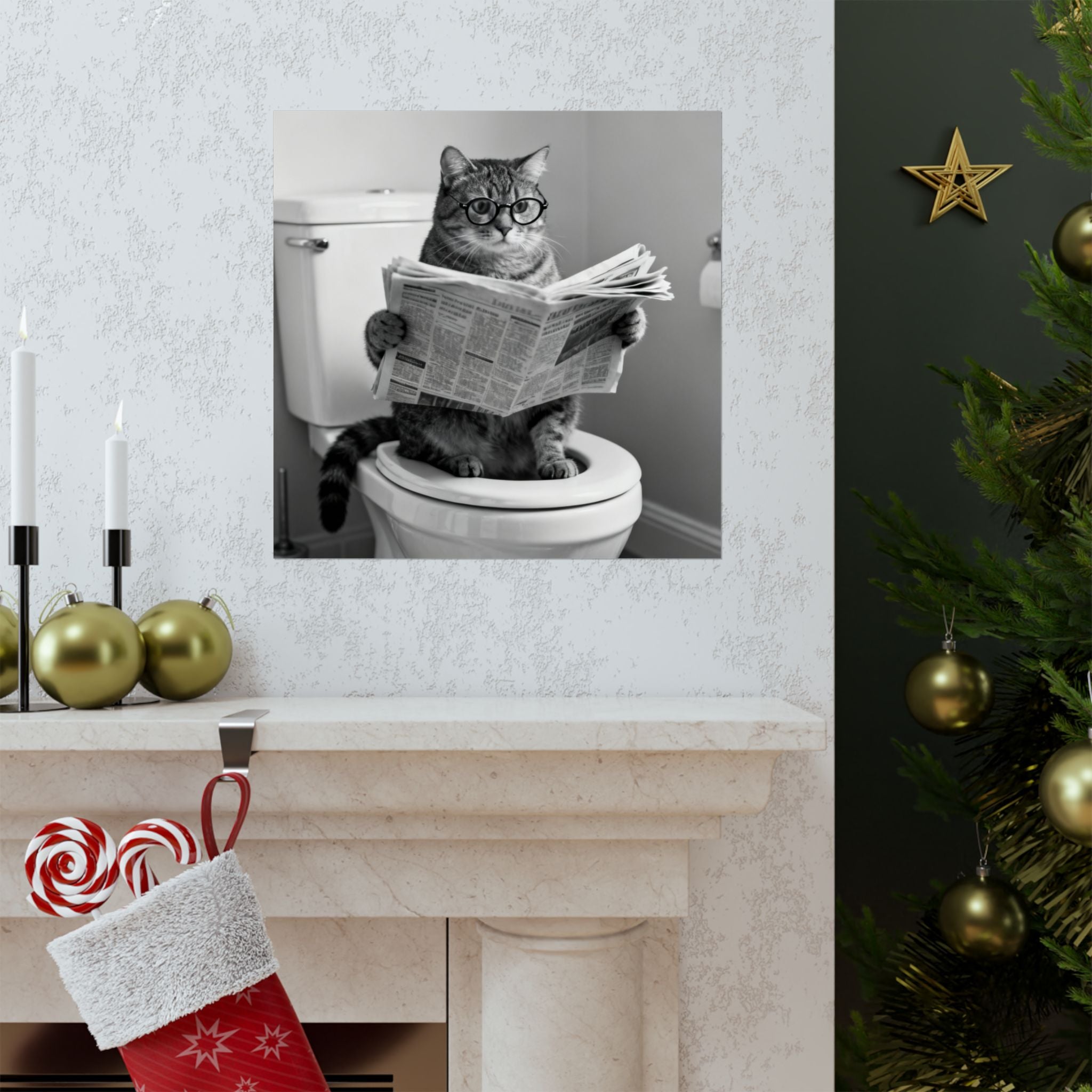 Cat Bathroom Poster – Funny Cat Reading Newspaper Wall Art, Quirky Black & White Matte Vertical Print