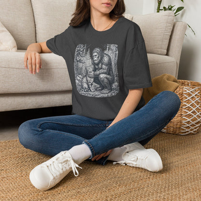 Bigfoot & Cat T-Shirt — Vintage Sasquatch Forest Illustration