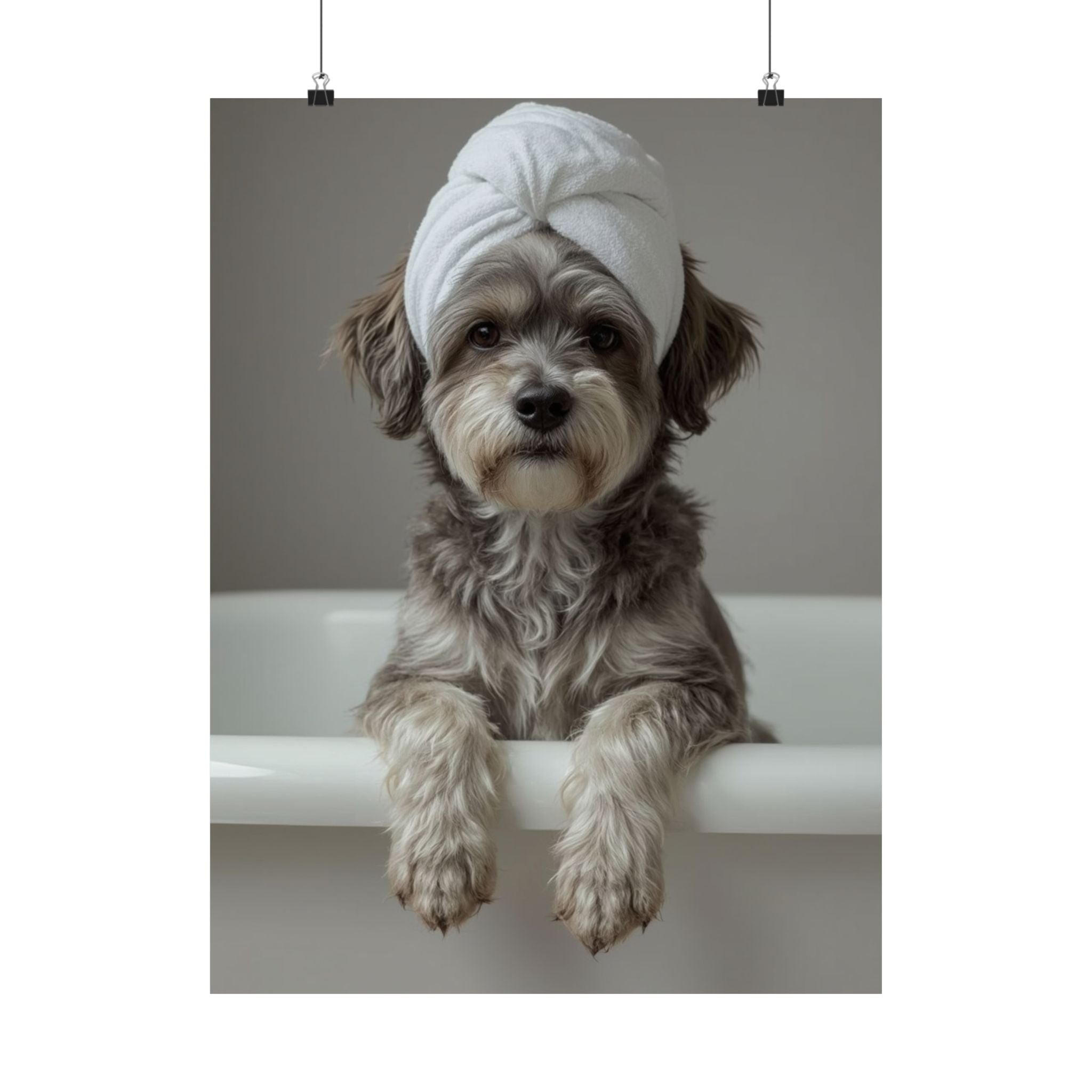 Dog Spa Poster — Cute Puppy in Towel Matte Vertical Wall Art