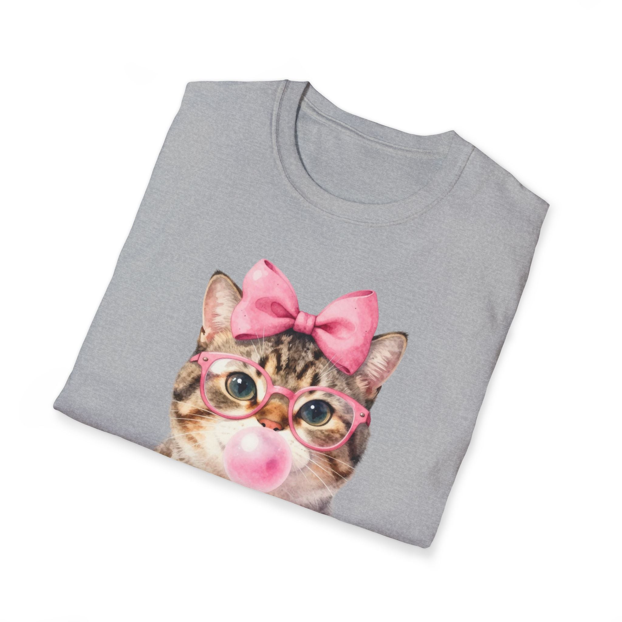 Cute Cat T-Shirt — Kitty with Glasses, Pink Bow & Bubblegum