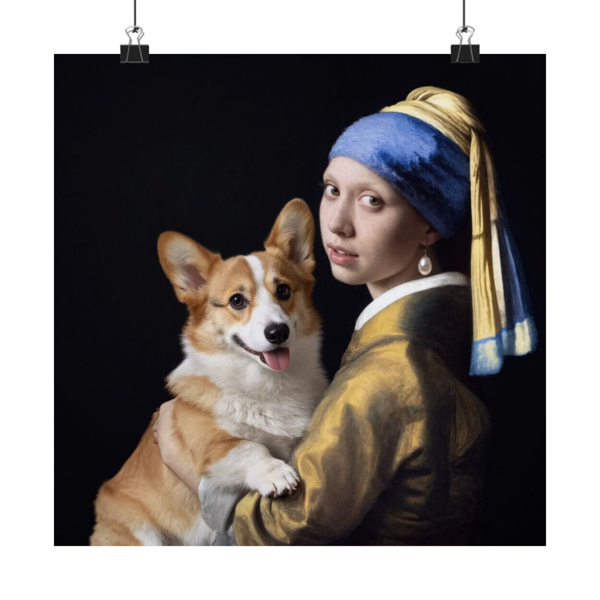 Corgi and the Girl with a Pearl Earring Matte Poster — Classical Pet Portrait Wall Art