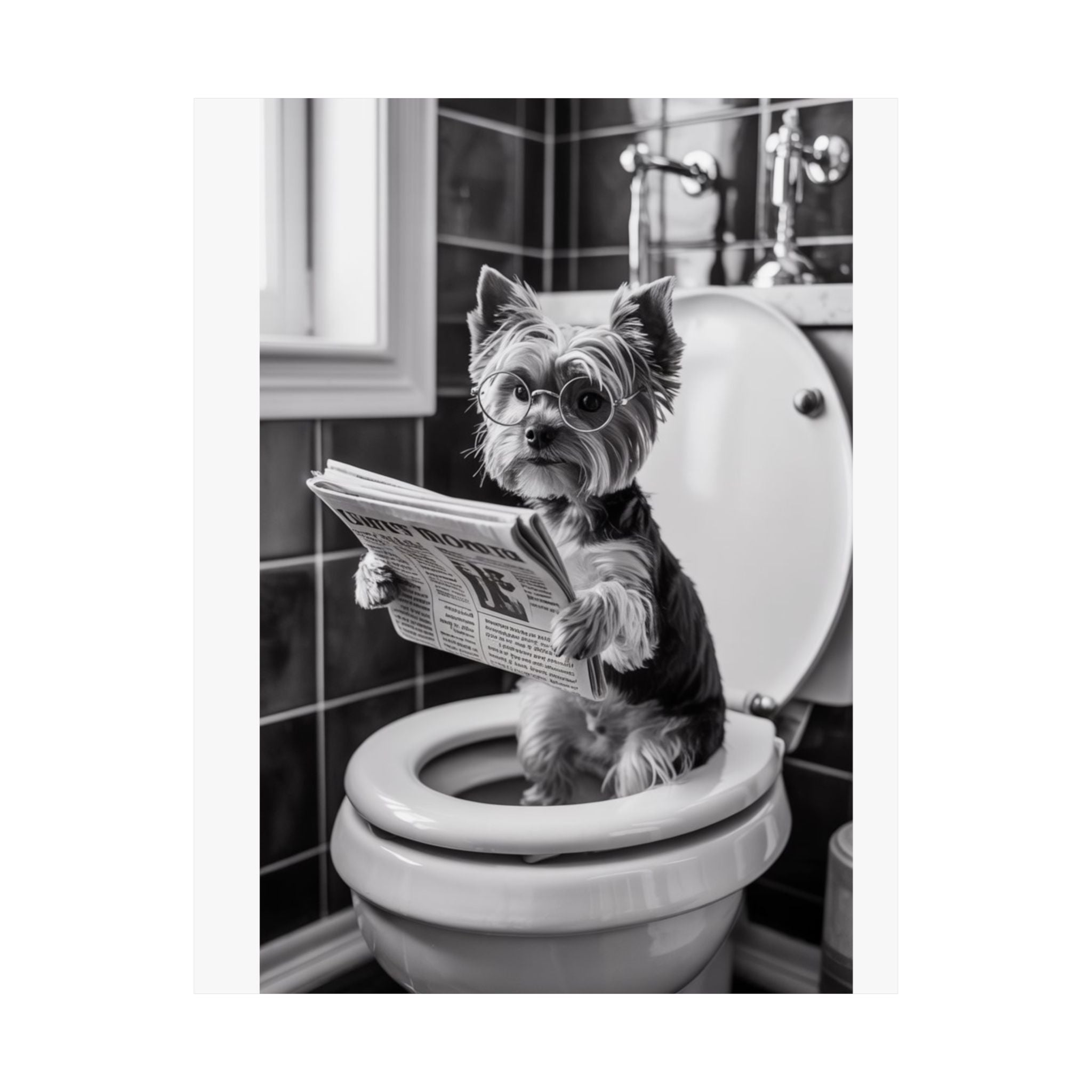 Digital download Funny Yorkie Bathroom Poster — Black & White Matte Vertical Dog Wall Art