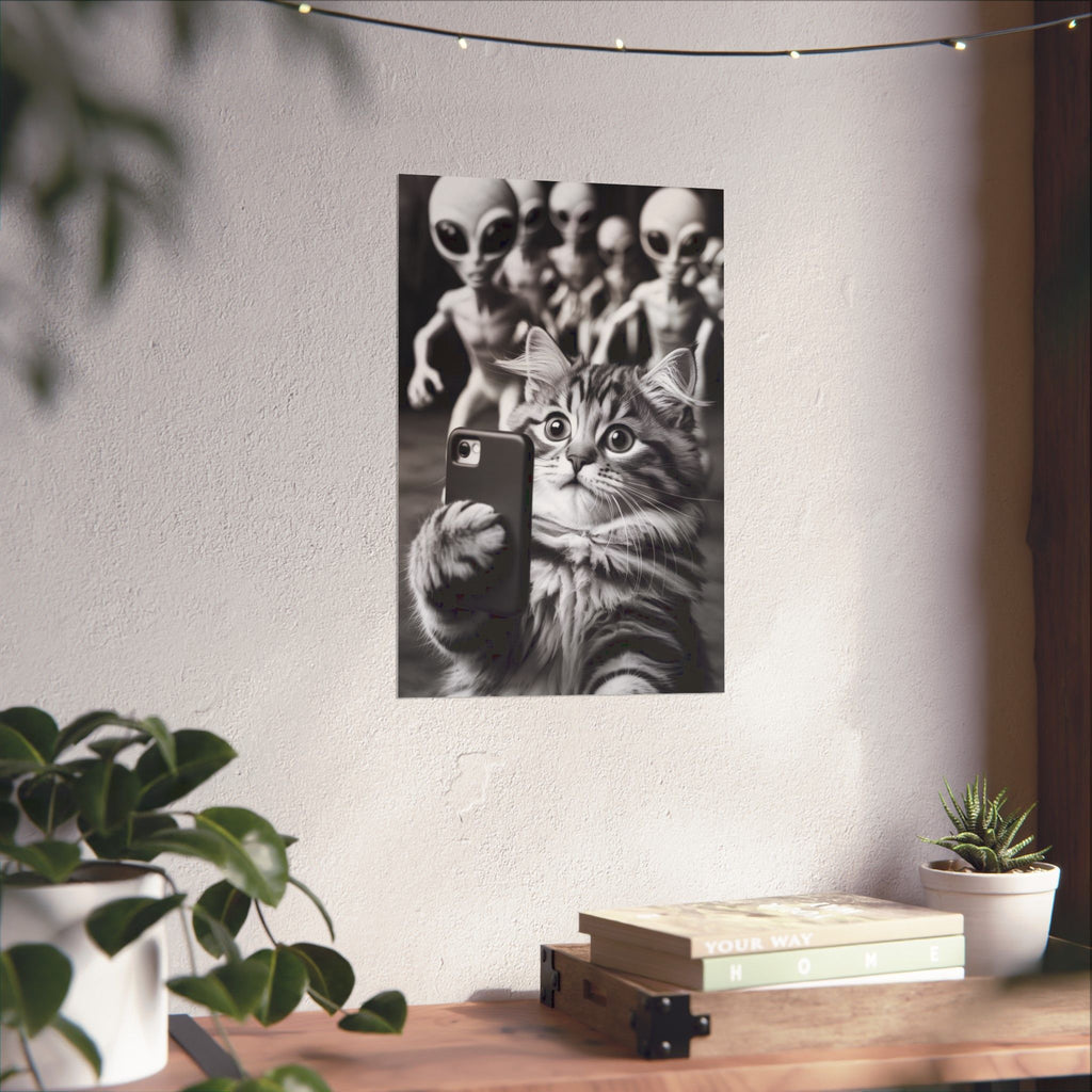 Funny Cat Selfie Poster — Matte Vertical Wall Art with Alien Photobomb