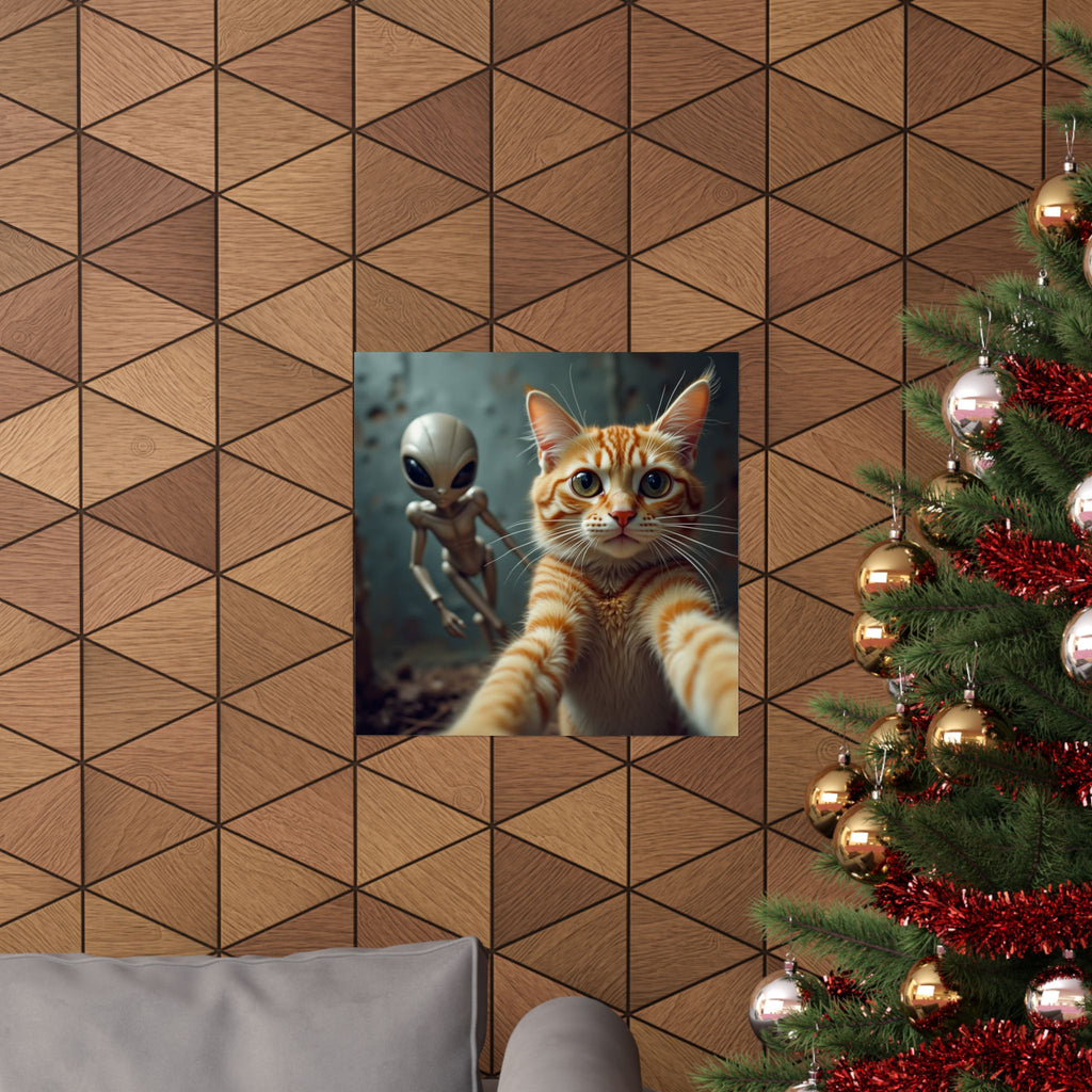 Alien Photobomb Cat Poster — Matte Vertical Wall Art