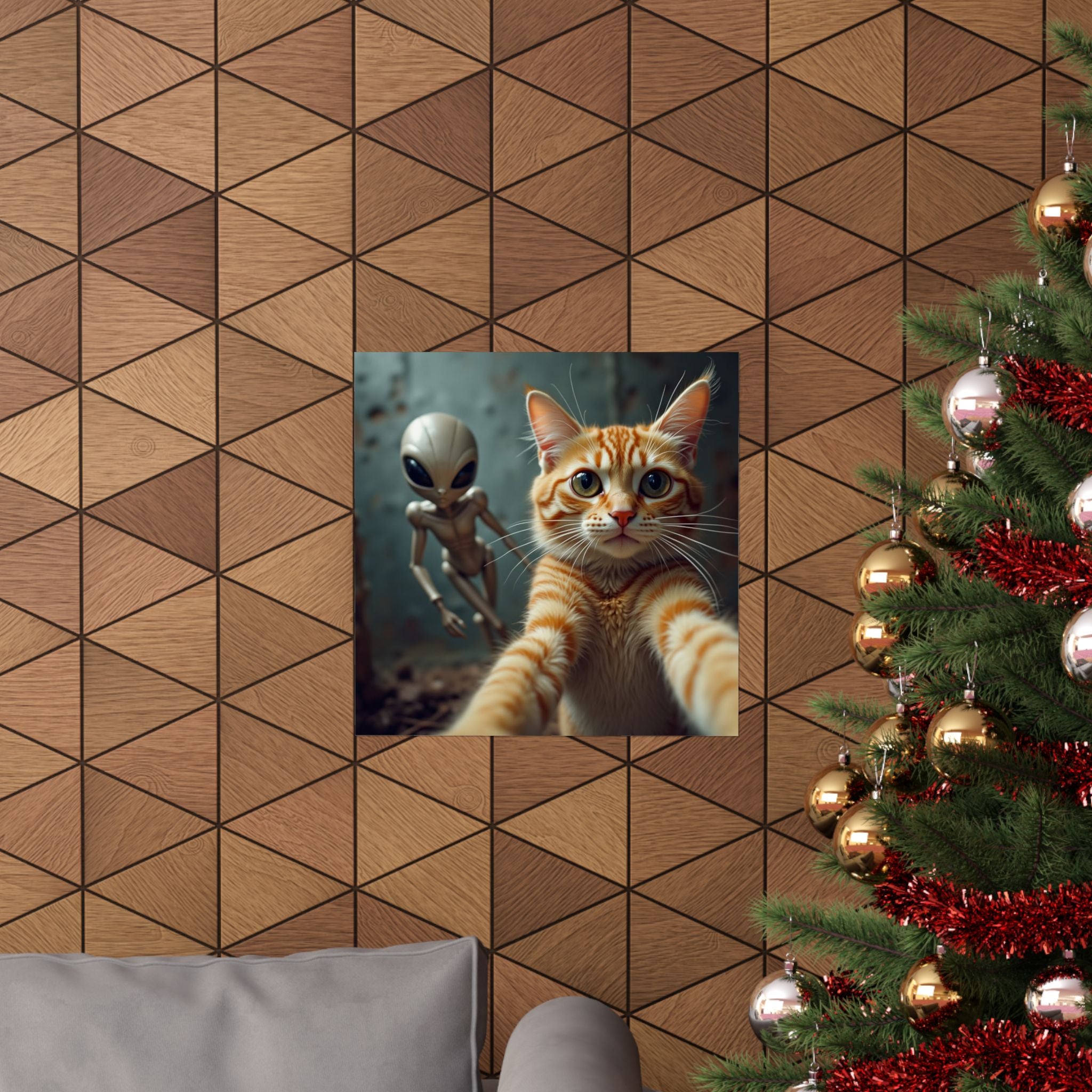 Alien Photobomb Cat Poster — Matte Vertical Wall Art