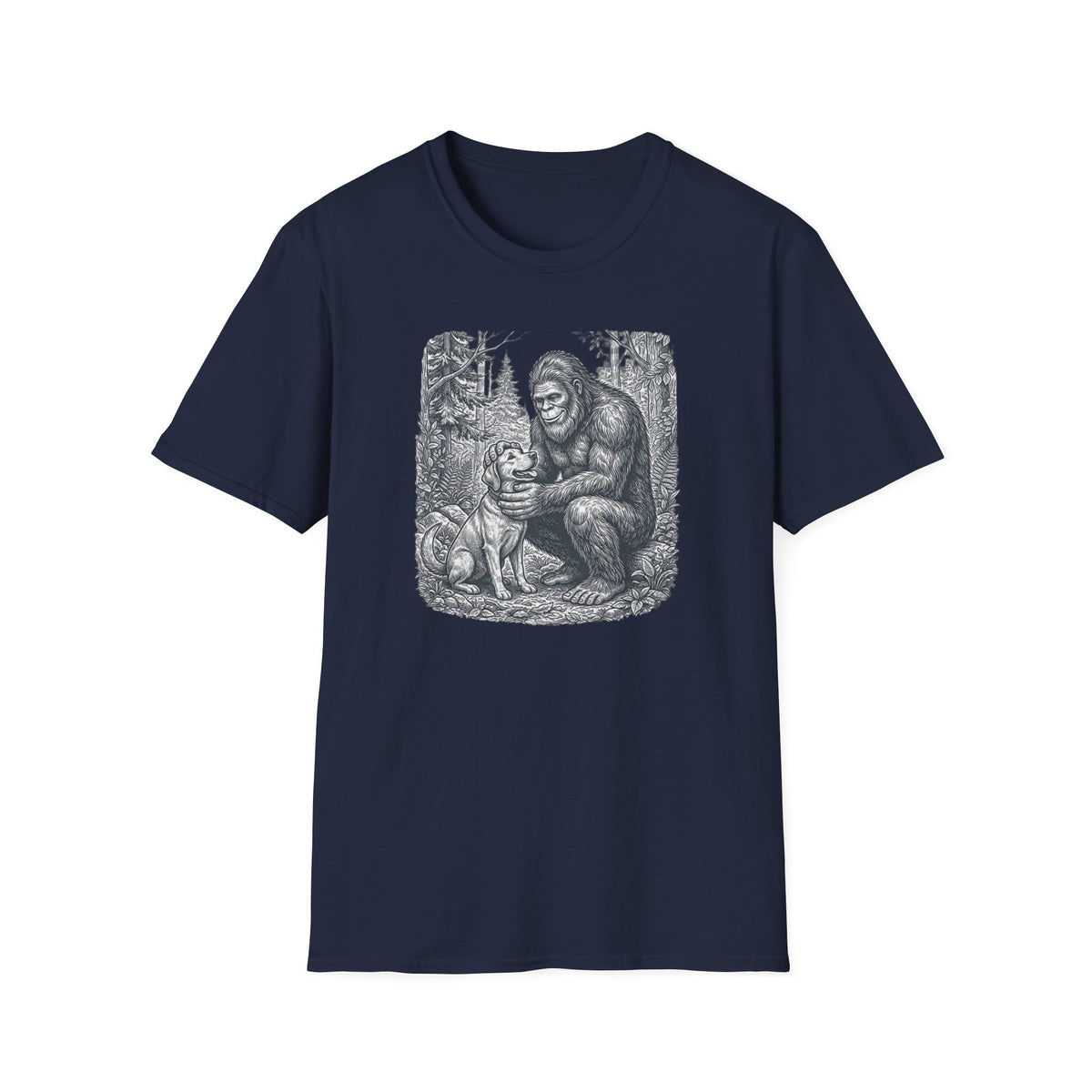 Bigfoot & Dog Graphic T-Shirt — Retro Wilderness Sasquatch Design