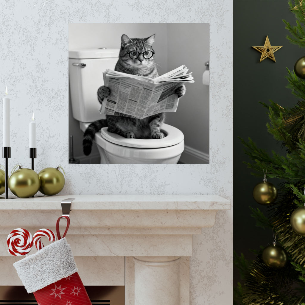 Digital download Cat Bathroom Poster – Funny Cat Reading Newspaper Wall Art, Quirky Black & White Matte Vertical Print