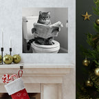 Digital download Cat Bathroom Poster – Funny Cat Reading Newspaper Wall Art, Quirky Black & White Matte Vertical Print