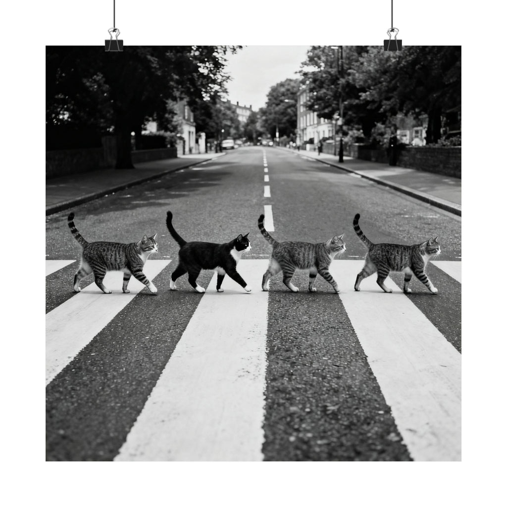 Cat Crossing Abbey Road — Black & White Matte Vertical Poster
