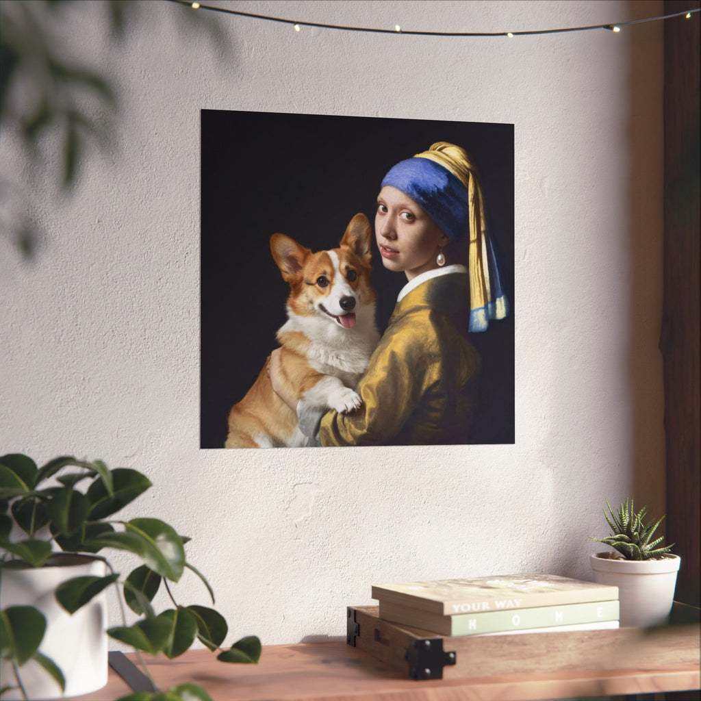 Corgi and the Girl with a Pearl Earring Matte Poster — Classical Pet Portrait Wall Art