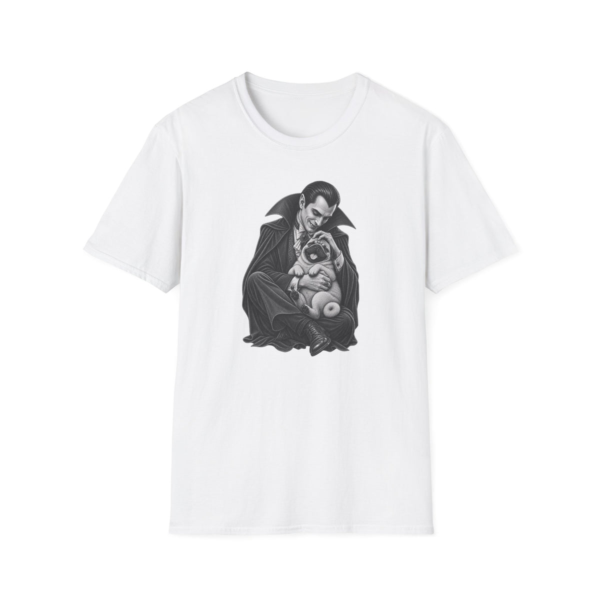 Vampire Holding Pug T‑Shirt — Gothic Cute Dog Tee
