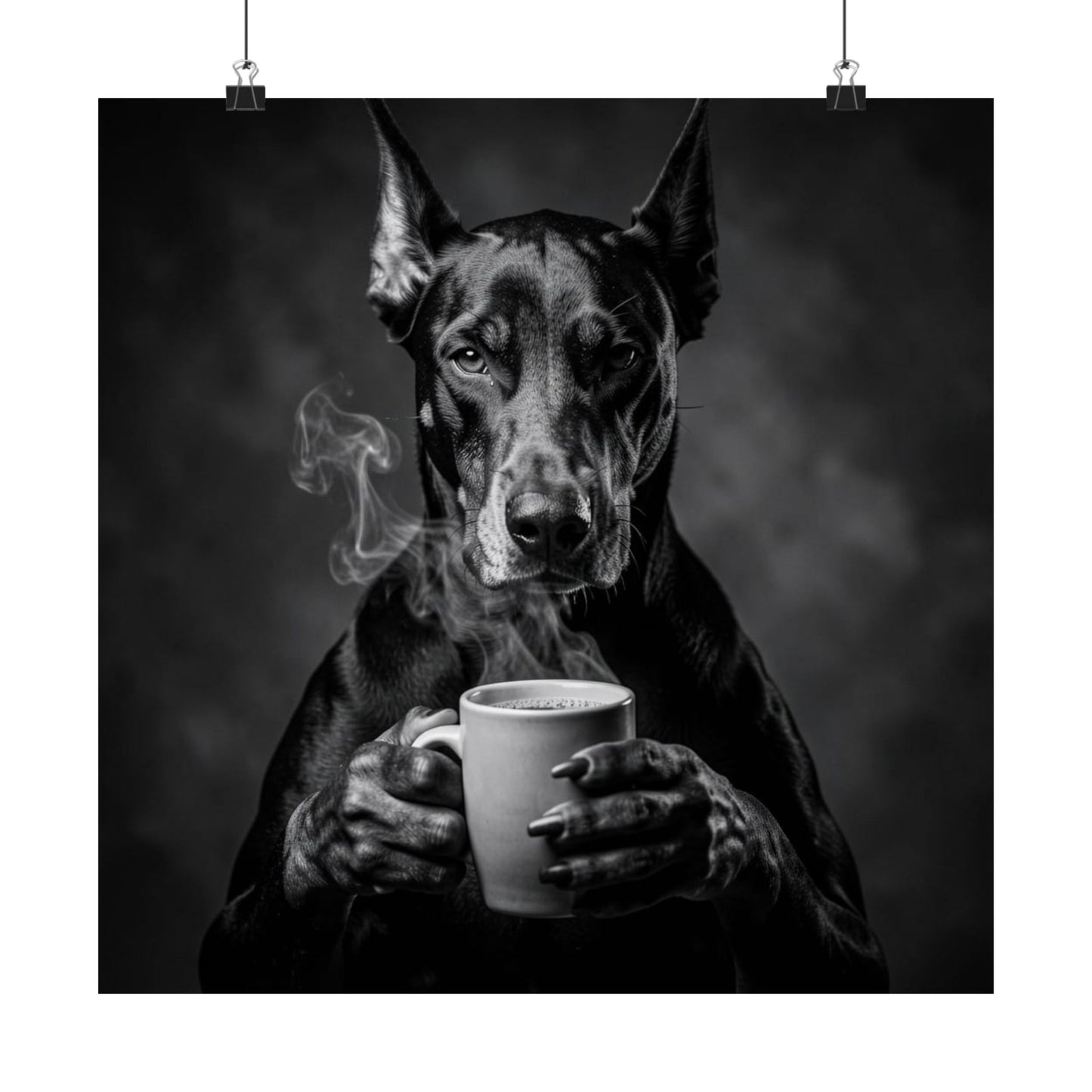 Doberman Coffee Poster — Black & White Matte Dog Art Print