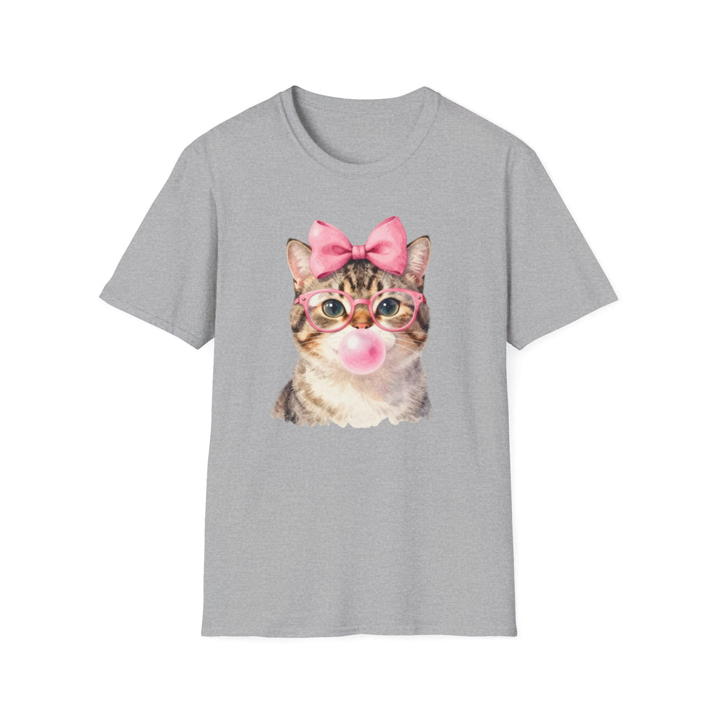 Cute Cat T-Shirt — Kitty with Glasses, Pink Bow & Bubblegum