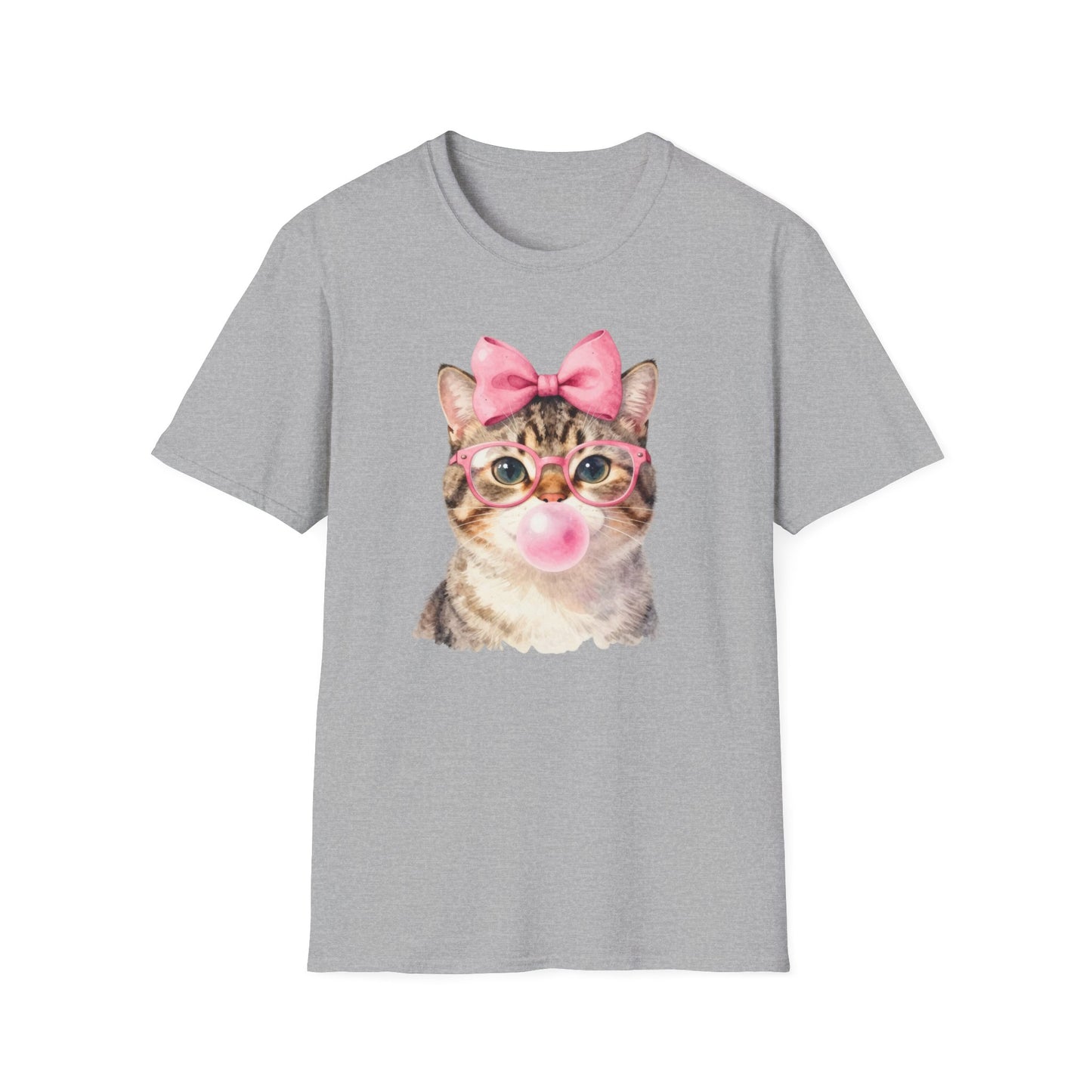 Cute Cat T-Shirt — Kitty with Glasses, Pink Bow & Bubblegum