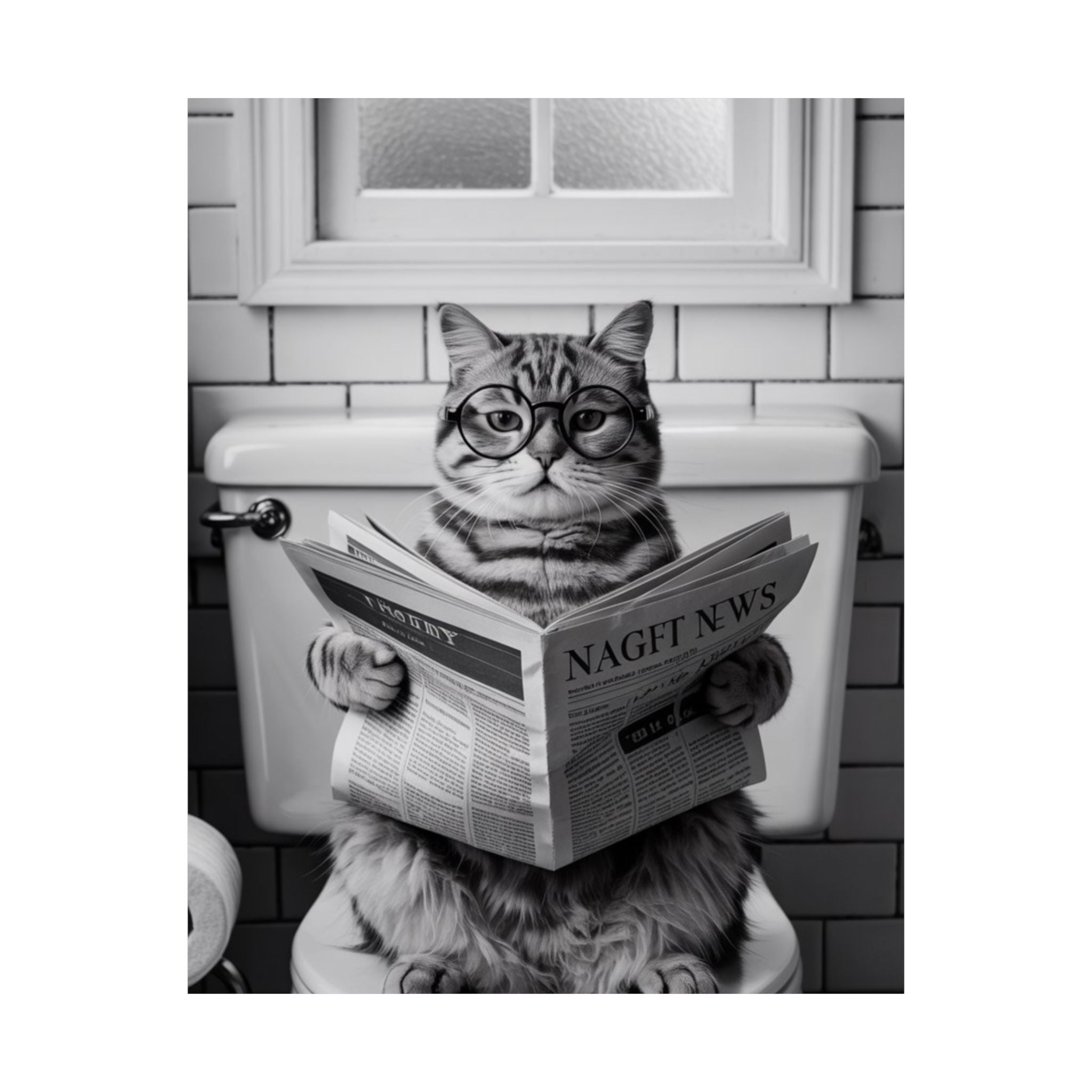 Cat Reading Newspaper Poster — Funny Black & White Matte Vertical Wall Art