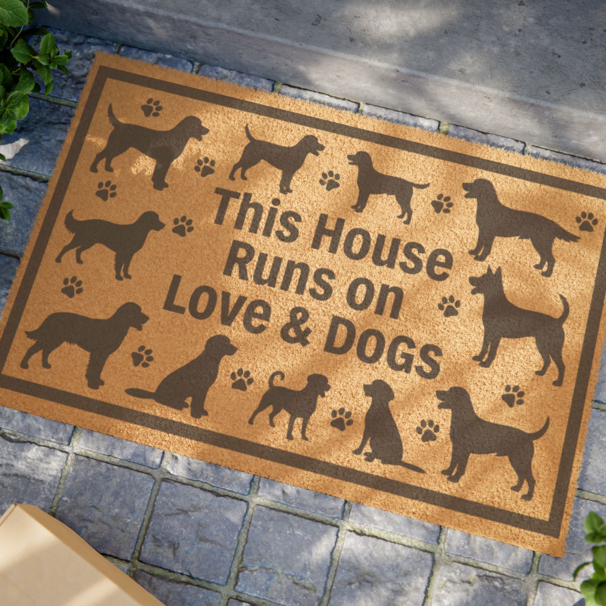 Dog Lover Doormat — "This House Runs on Love & Dogs" Coir Welcome Mat