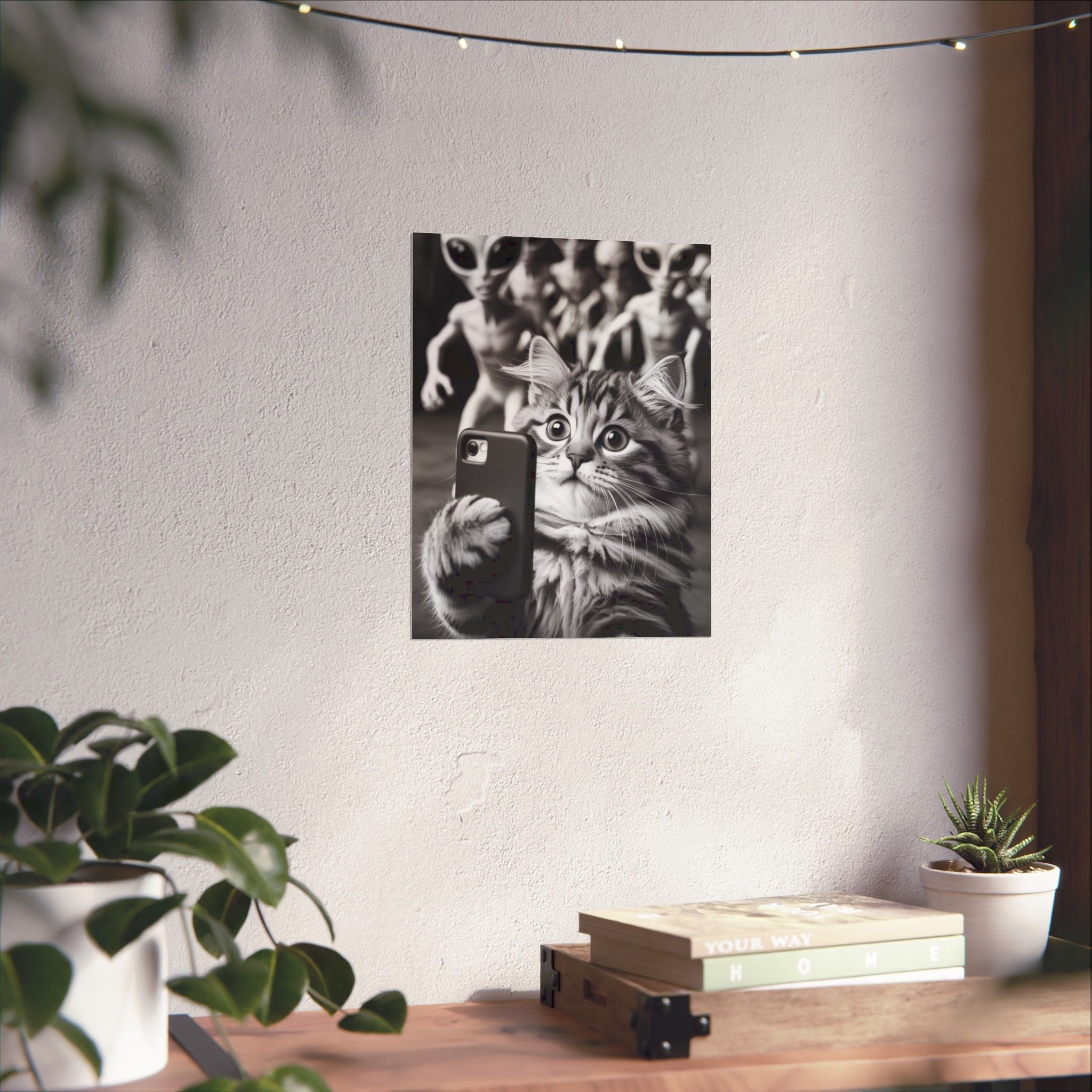 Funny Cat Selfie Poster — Matte Vertical Wall Art with Alien Photobomb