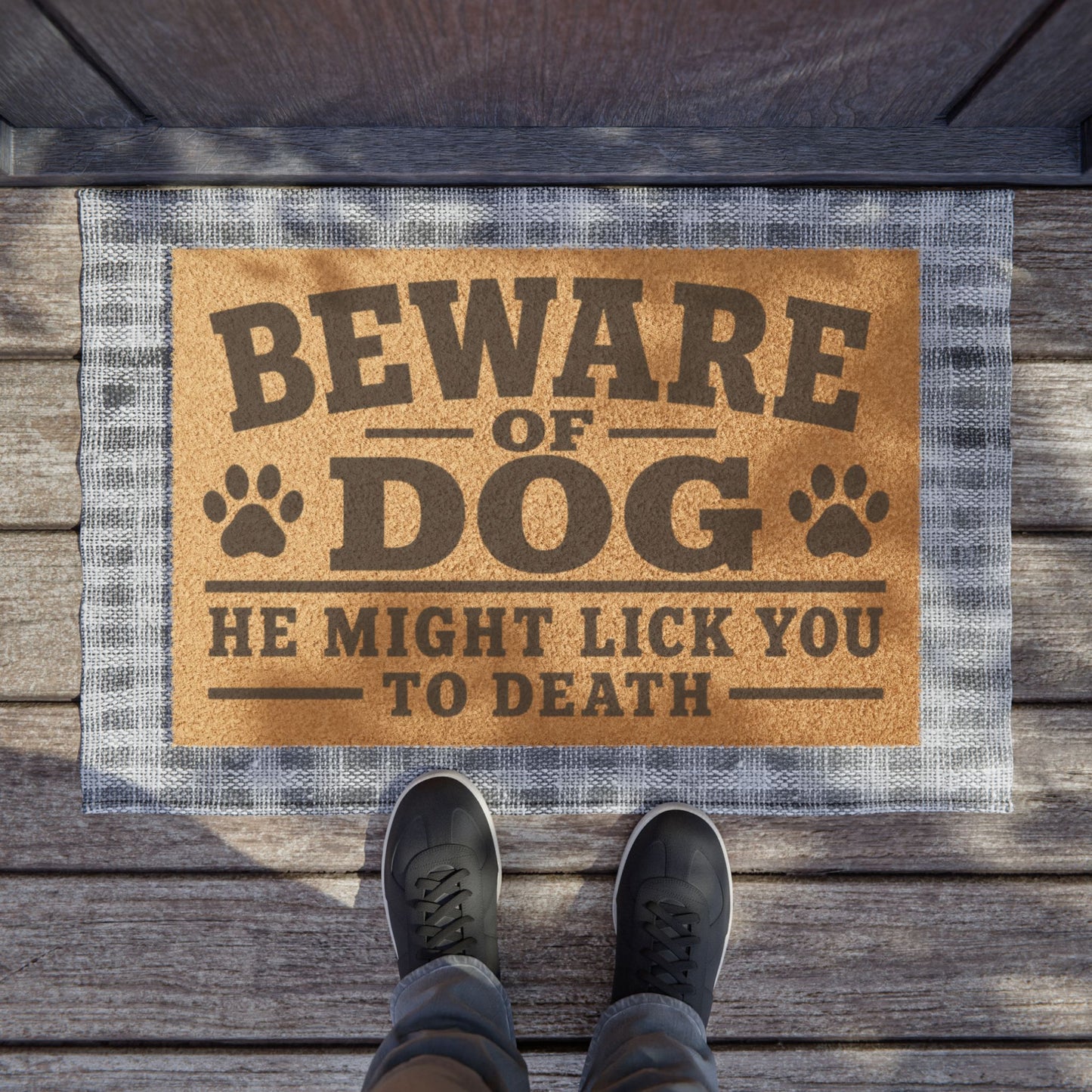 Beware of Dog Doormat - "He Might Lick You to Death" Funny Welcome Mat with Paw Prints