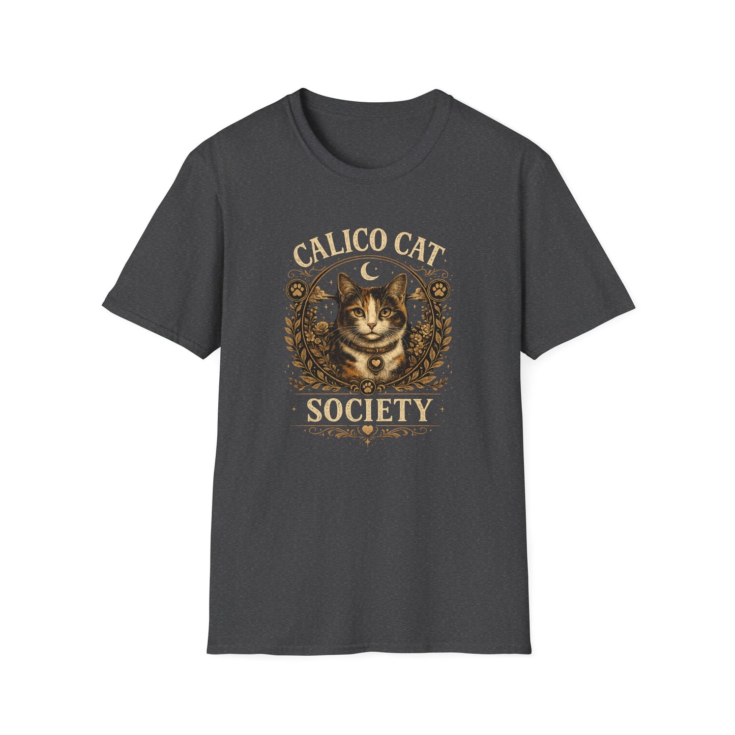 Calico Cat Society T-Shirt — Vintage Moon & Floral Cat Graphic