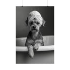 Spa Pup Matte Vertical Poster — Black & White Dog in Bathtub Print