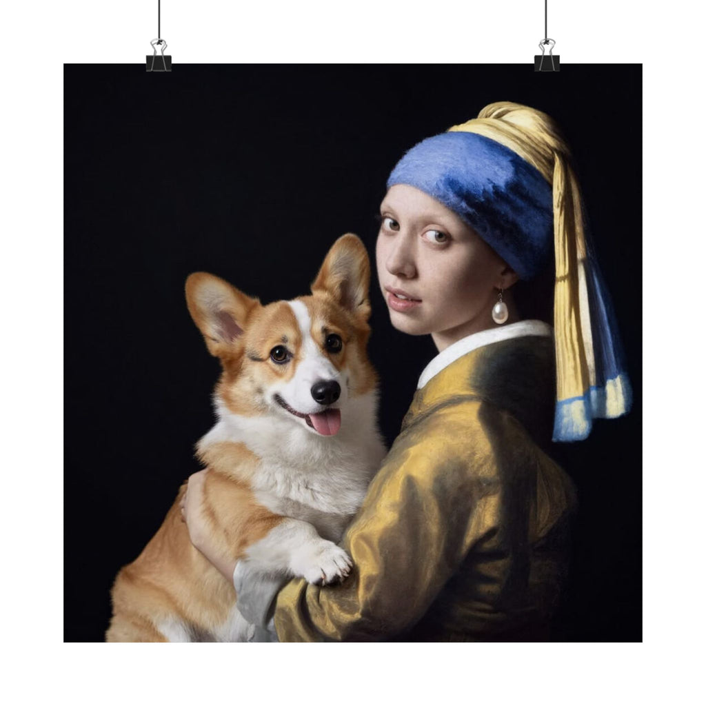 Corgi and the Girl with a Pearl Earring Matte Poster — Classical Pet Portrait Wall Art