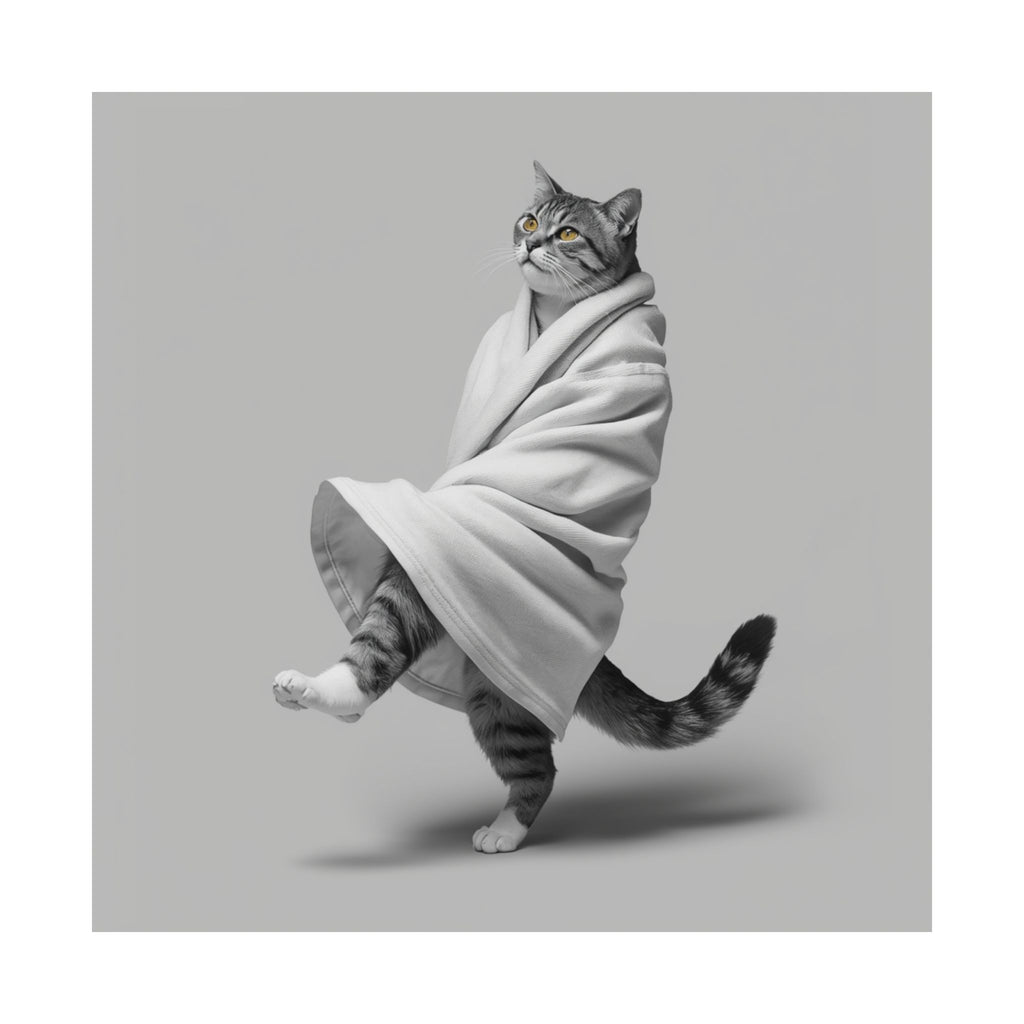 Dancing Cat Poster — Whimsical Cat Wrapped in Blanket Matte Print