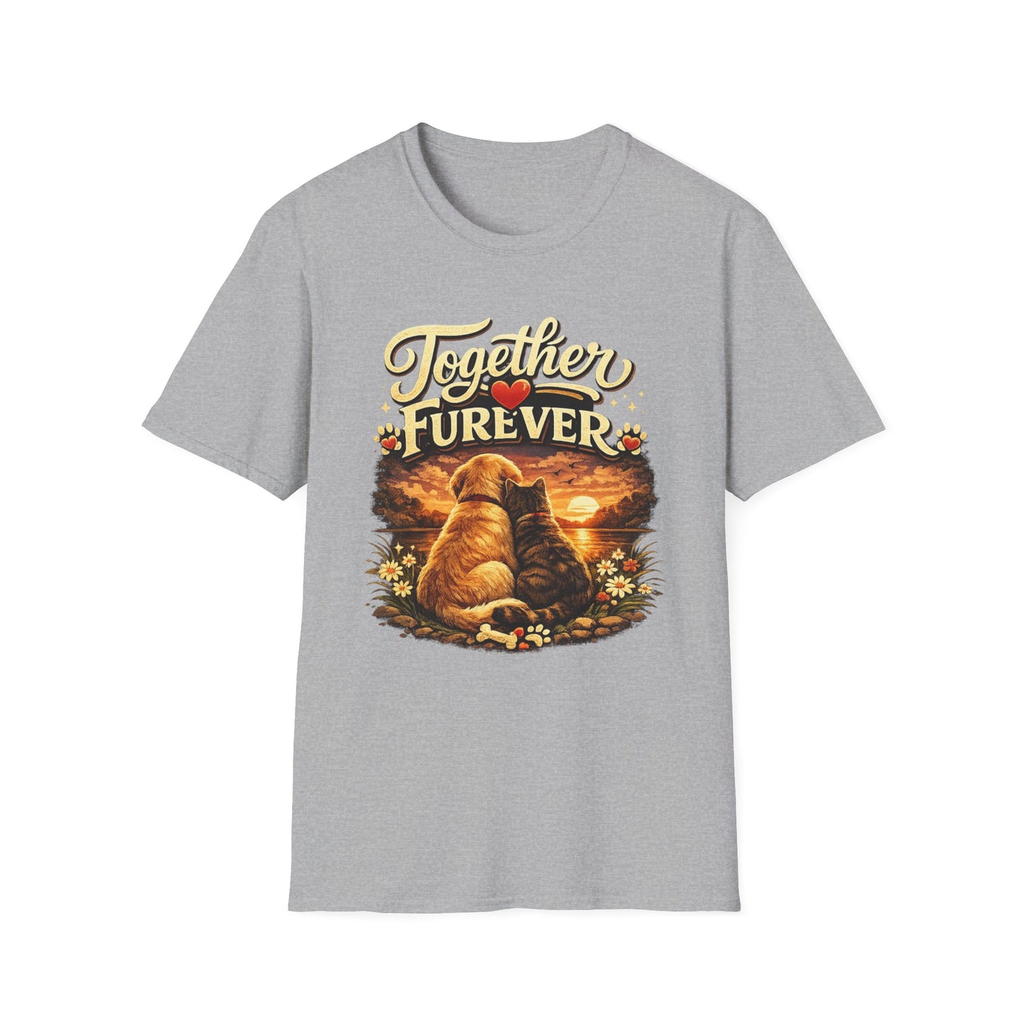T-Shirt — "Together Furever" Dog and cat Sunset Graphic Tee