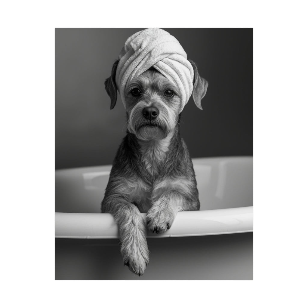 Spa Pup Matte Vertical Poster — Black & White Dog in Bathtub Print
