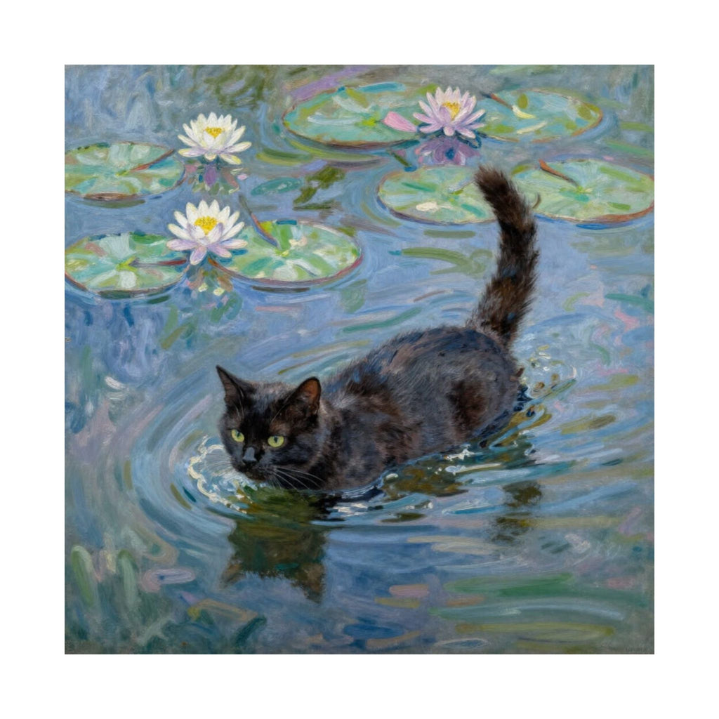 Matte Poster — Black Cat in Water with Waterlilies (Art Print)