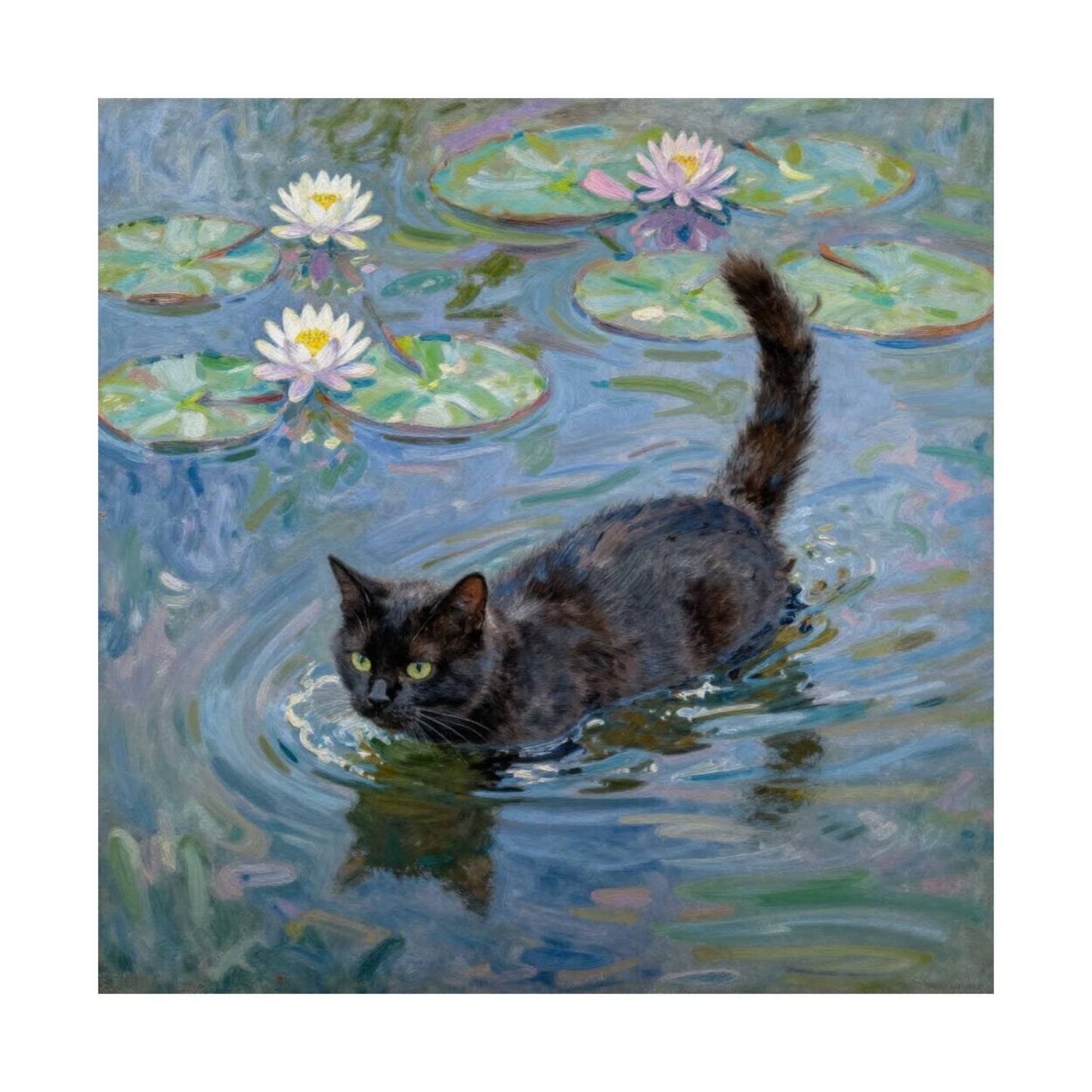 Digital download Poster — Black Cat in Water with Waterlilies (Art Print)